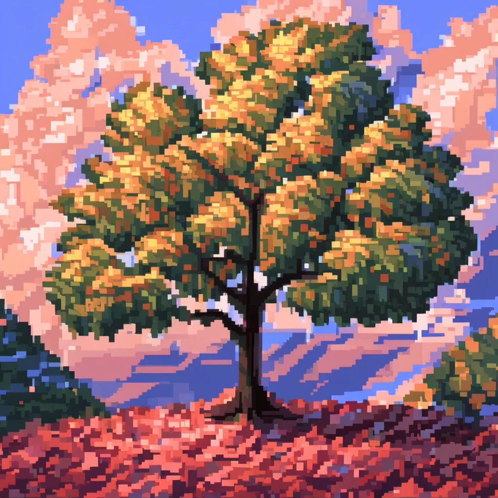 Pixel Art, pixel art maple tree, cubist painting, Neo-Cubism, layered overlapping geometry, art deco painting, Dribbble, geometric fauvism, layered geometric vector art, maximalism; V-Ray, Unreal Engine 5, angular oil painting, DeviantArt