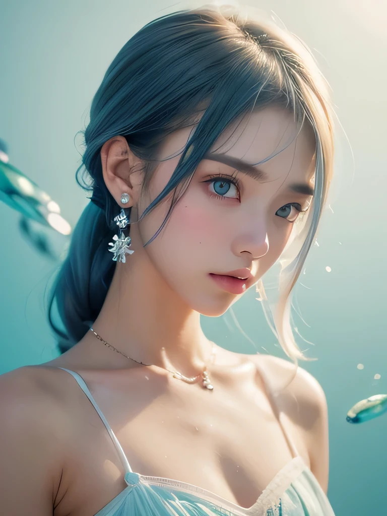 (masterpiece, highest quality:1.2), 8K, 85mm, Raw photo, confused, white and cyan theme, (liquid clothes, liquid dress:1.4), gray hair, gradient dress, delicate girl, Upper body, close your face, shiny skin, , looking at the viewer, HDR, sharp focus, particle, dusk sky, shiny skin, small eyes and face, colorful background, simple background、earrings、necklace、clavicle、shortcut、sky blue hair、underwater world、