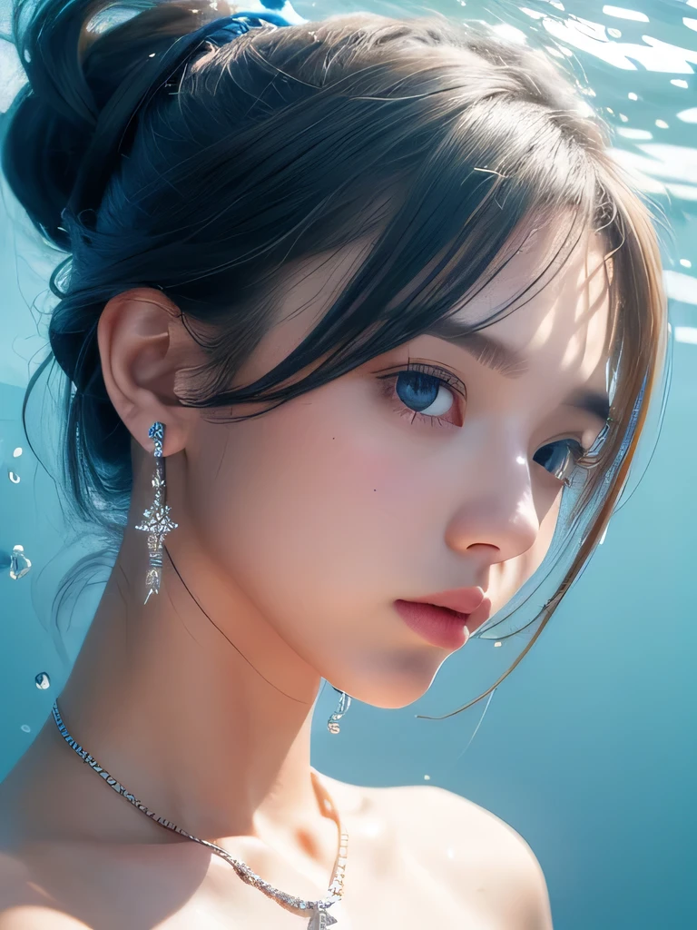 (masterpiece, highest quality:1.2), 8K, 85mm, Raw photo, confused, white and cyan theme, (liquid clothes, liquid dress:1.4), gray hair, gradient dress, delicate girl, Upper body, close your face, shiny skin, teen, looking at the viewer, HDR, sharp focus, particle, dusk sky, shiny skin, small eyes and face, colorful background, simple background、earrings、necklace、clavicle、shortcut、sky blue hair、underwater world、