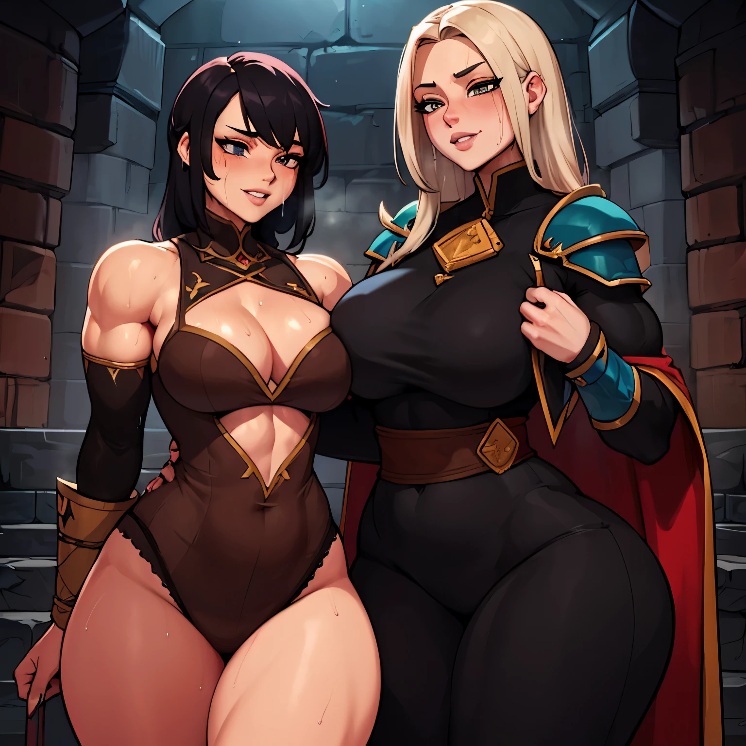 Full color 8K,fantasy world,in a creepy dungeon,meet two women,female savage 1,female wizard１,２people get along well,thick muscles,maternal,Wear long-sleeved clothing,beautiful face,shoulder pad,smile,(sweat stain:1.2)