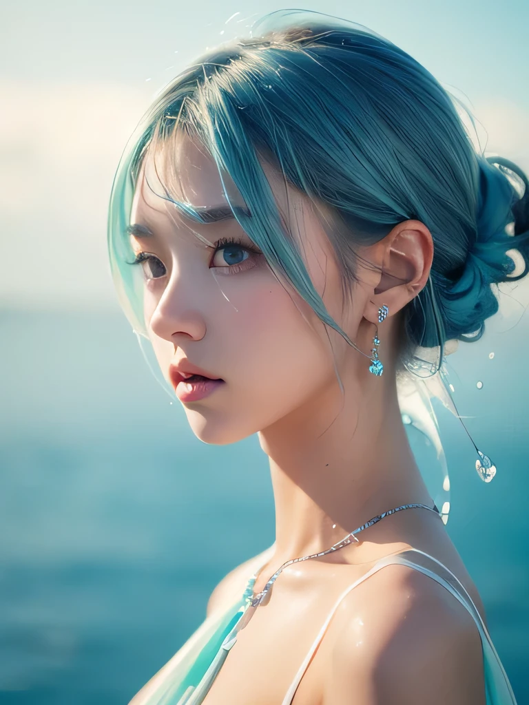 (masterpiece, highest quality:1.2), 8K, 85mm, Raw photo, confused, white and cyan theme, (liquid clothes, liquid dress:1.4), gray hair, gradient dress, delicate girl, Upper body, close your face, shiny skin, teen, looking at the viewer, HDR, sharp focus, particle, dusk sky, shiny skin, small eyes and face, colorful background, simple background、earrings、necklace、clavicle、shortcut、sky blue hair、underwater world、