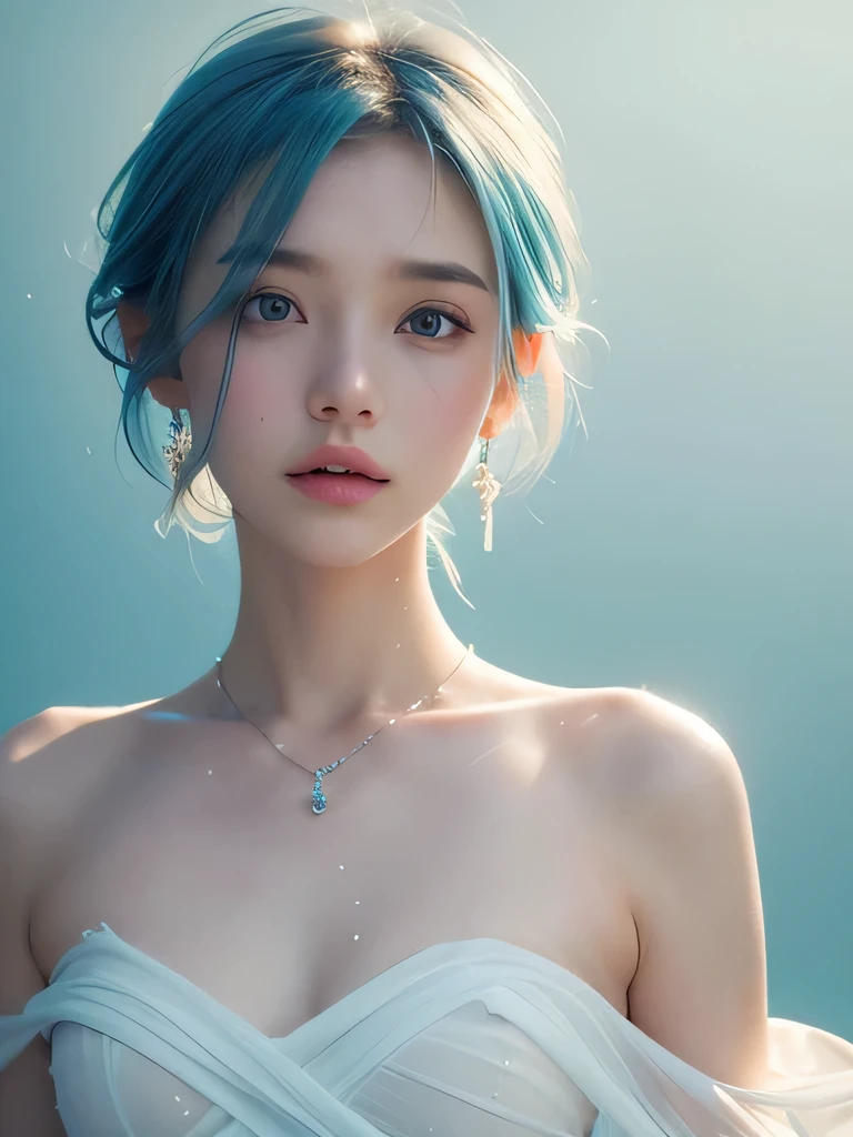 (masterpiece, highest quality:1.2), 8K, 85mm, Raw photo, confused, white and cyan theme, (liquid clothes, liquid dress:1.4), gray hair, gradient dress, delicate girl, Upper body, close your face, shiny skin, teen, looking at the viewer, HDR, sharp focus, particle, dusk sky, shiny skin, small eyes and face, colorful background, simple background、earrings、necklace、clavicle、shortcut、sky blue hair、underwater world、