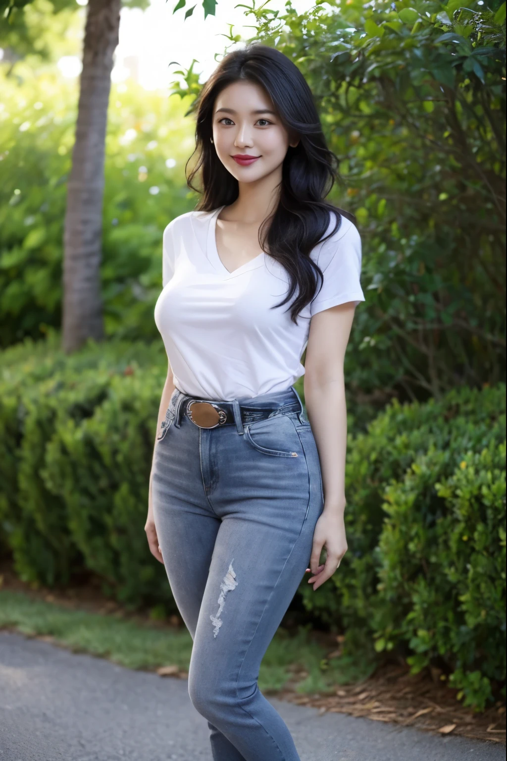 Draw lips correctly, red lipstick, from chest up, best quality, Super detailed, lifelike, Super fine skin, perfect anatomy, (1 日本Mature的女人), (alone),Wear a gray shirt,short sleeves,blue jeans,black belt,wavy long hair,37-year-old female,Mature,charming smile,outdoor background,stand,Leg length,Chubby,Big breasts,stand up,full-body shot