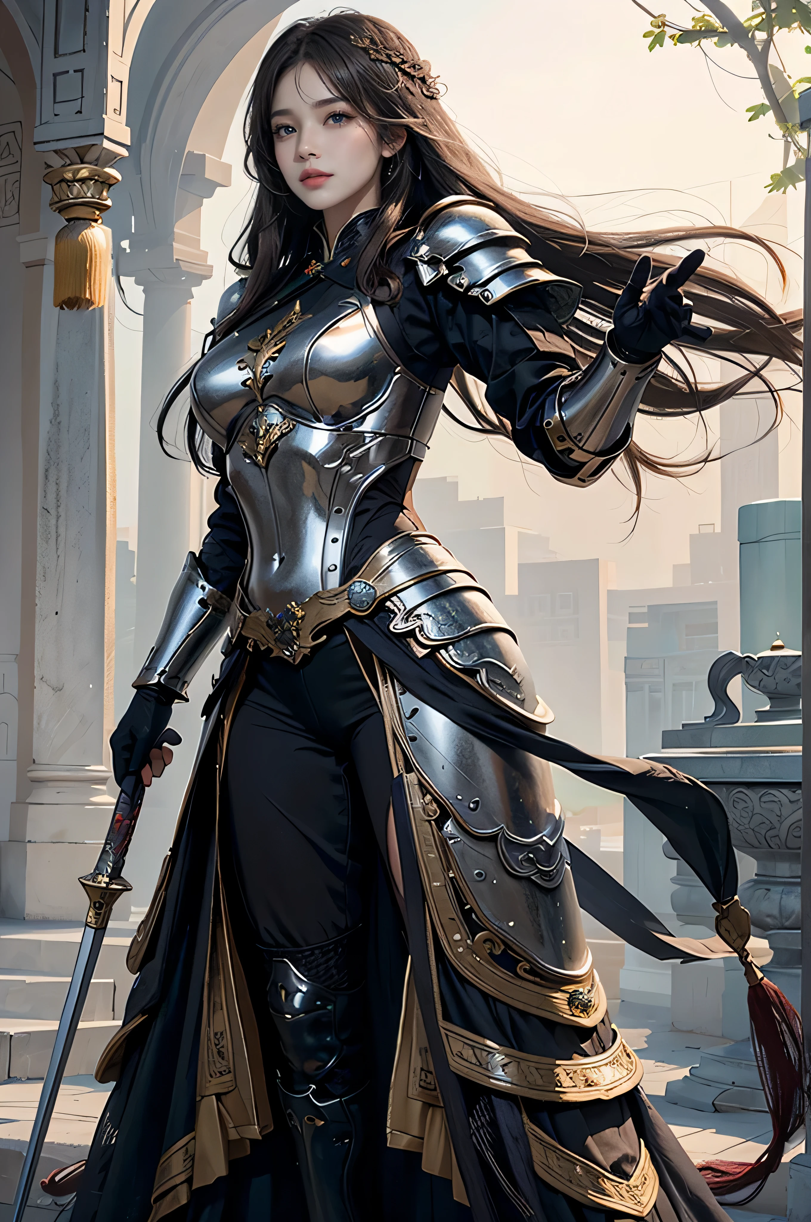 photorealistic, high resolution, soft light,1women, solo, hips up, shining skin, (high detailed), Chinese armor, full armor, longhair , seduce pose,standback show her butt