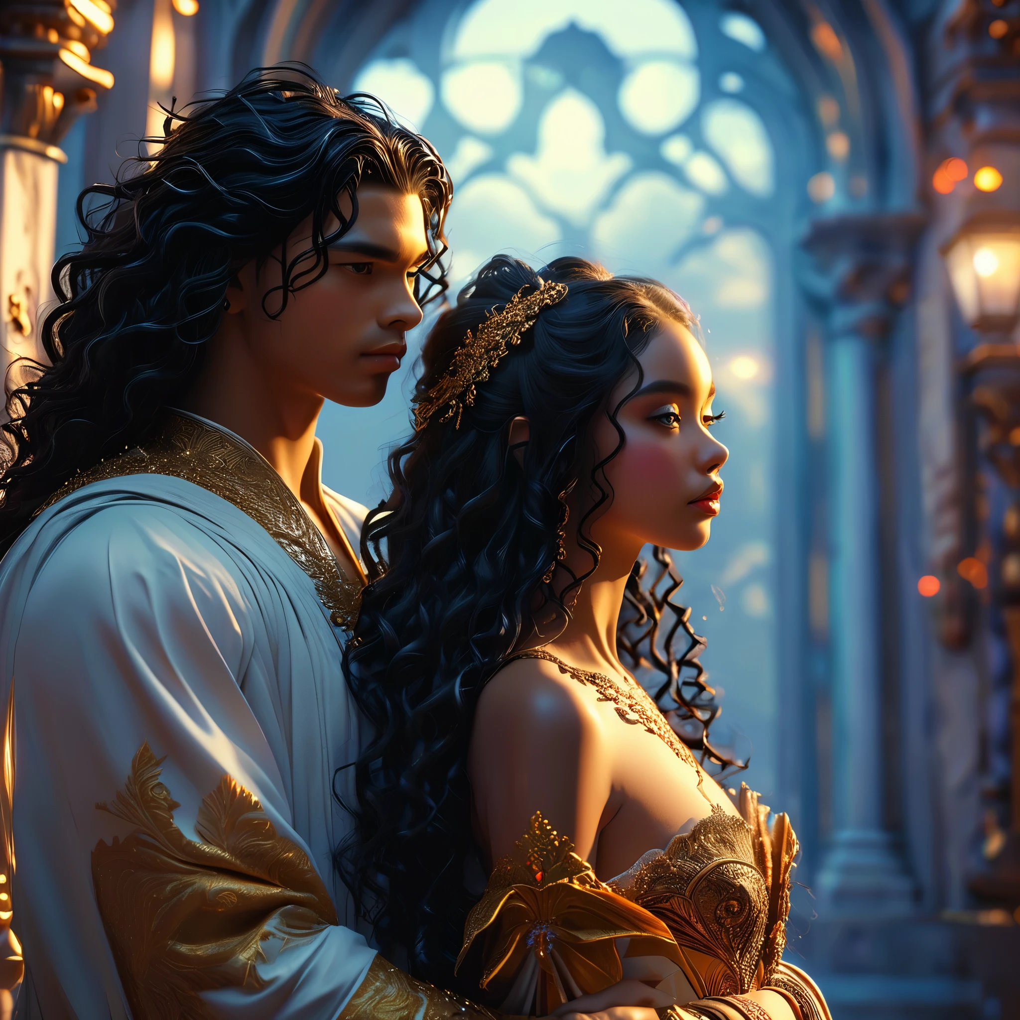 Novel in celestial landscape, a dark dangerous young darkskin couple with (((a long black hair young judge))) with (((a young imperial dangerous warrior with long black curly hair))), ennemies, fight, very beautiful, perfect faces, whole body, romantic scene, romantic Way, sexy couple, 8K, extremely detailed, (high quality, realistic, photorealistic: 1.37),ideal proportions and defined complexion, meticulously crafted features, unreachable beauty, perfection, artistic masterpieces, vivid realism, hyper-detailed sculptures, life-like forms, truly awe-inspiring, impeccable craftsmanship, pure radiance, ethereal beauty, delicate contours, striking poses, sublime beauty, subtle nuances, dynamic compositions, vibrant colors, perfect lighting, soulful expressions, dark aura, majestic presence, dreamlike atmosphere, unmatched gdetailed octane render trending on artstation, 8 k artistic photography, photorealistic concept art, soft natural volumetric cinematic perfect light, chiaroscuro, award - winning photograph, masterpiece, beautiful detailed intricate insanely