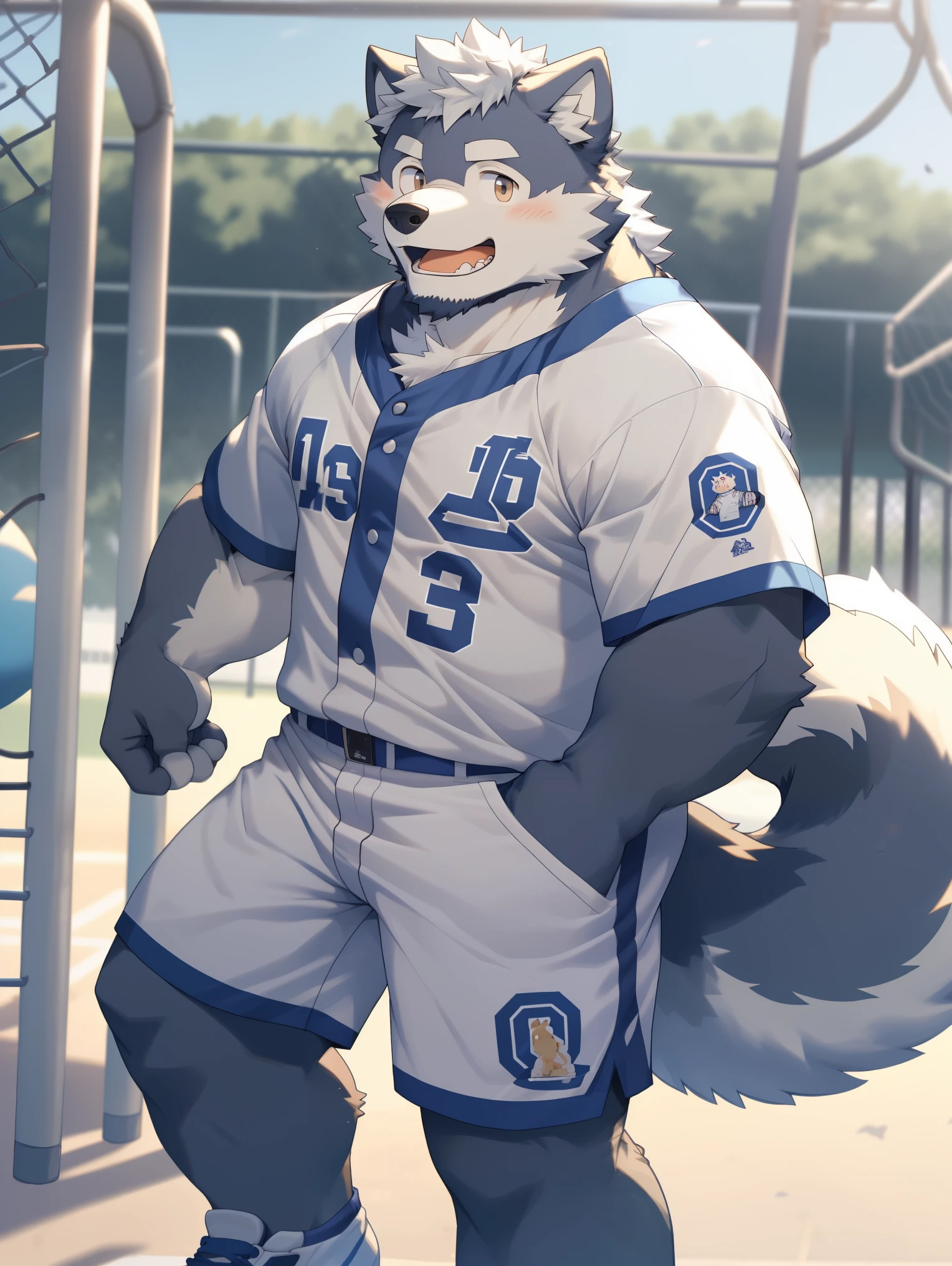 hairy，（Akita dog，，white fur，gray fur，Light-colored fur，baseball uniform，white shorts，）big tail，playground，auditorium，Light，cute expression，Secondary sexual characteristics are obvious，Shota，极其lifelike阴影，masterpiece，Very detailed，lifelike