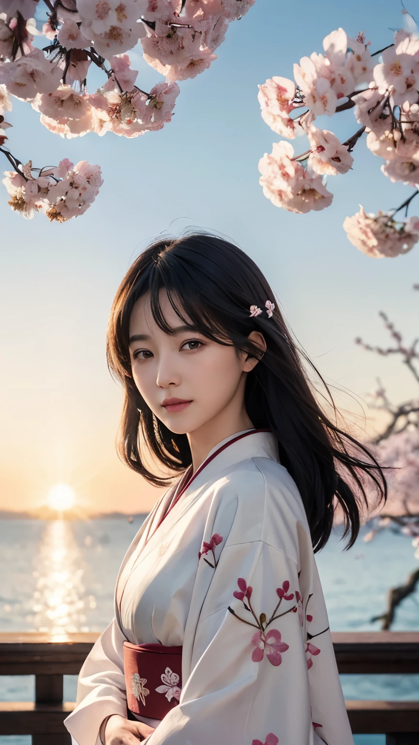(logo、masterpiece、8k、table top、RAW photo、wonderful、最high quality、Photorealistic and hvery detailed CG integrated 8k wallpaper、high quality、very detailed、Narrative poem、particle effects、dynamic effects、Depth of written boundary、cinematic light、Lens flare、ray tracing)、fantasy、 (1 beautiful woman、white kimono、Japan Dresses、white cherry blossom pattern、White cherry blossom embroidery pattern、black haired、beautiful face、real face、beautiful details eyes beautiful skin)、Hair flutters in Wind、hair bounces、pink cherry tree、petals dance、SakuraFubuki、wonderful景色、sunrise、sun on background、Wind、god々、teeth、god話、vast land