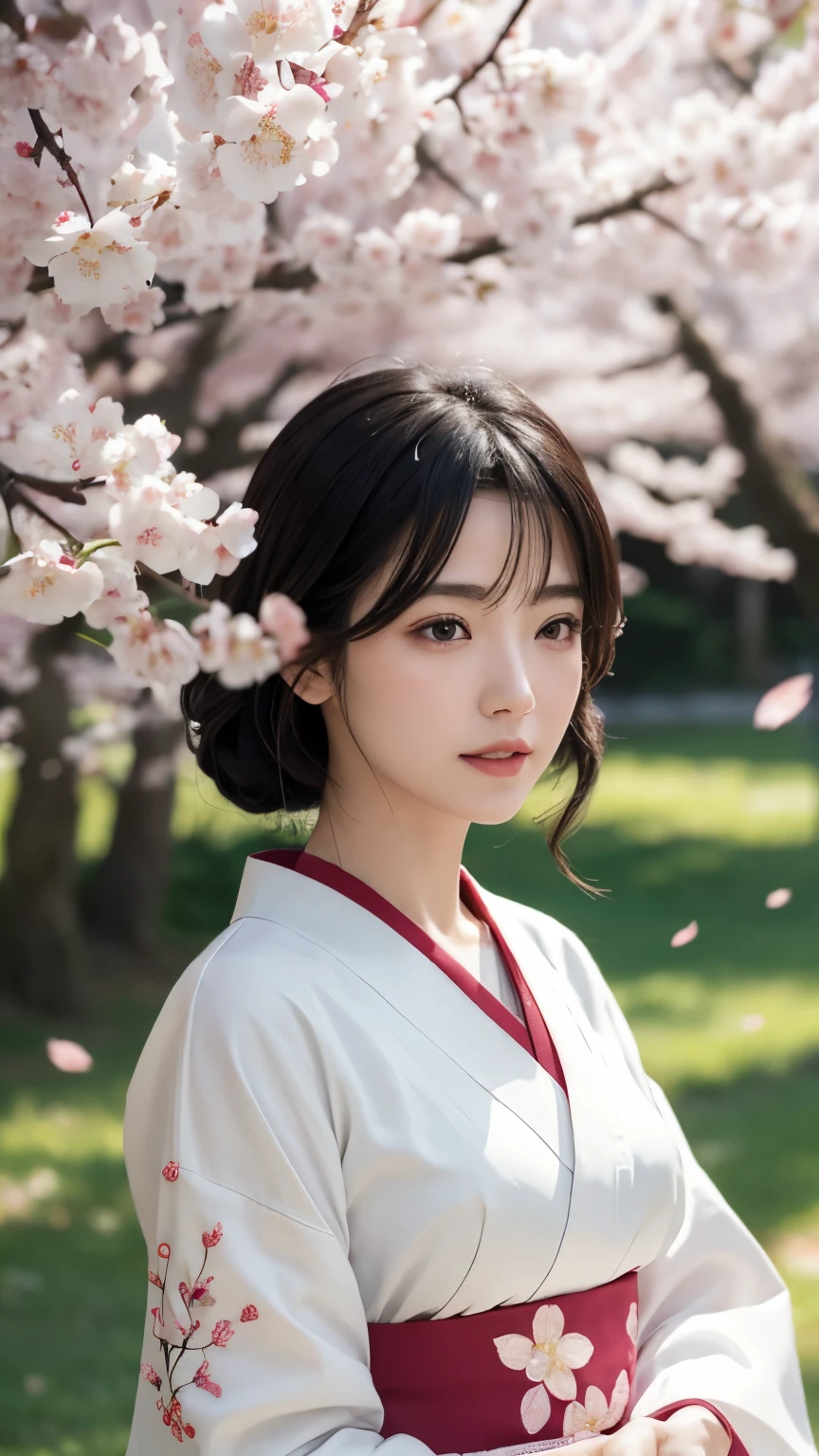 (logo、masterpiece、8k、table top、RAW photo、wonderful、最high quality、Photorealistic and hvery detailed CG integrated 8k wallpaper、high quality、very detailed、Narrative poem、particle effects、dynamic effects、Depth of written boundary、cinematic light、Lens flare、ray tracing)、fantasy、 (1 beautiful woman、white kimono、Japan Dresses、white cherry blossom pattern、White cherry blossom embroidery pattern、black haired、beautiful face、real face、beautiful details eyes beautiful skin)、Hair flutters in Wind、hair bounces、pink cherry tree、petals dance、SakuraFubuki、wonderful景色、sunrise、sun on background、Wind、god々、teeth、god話、vast land