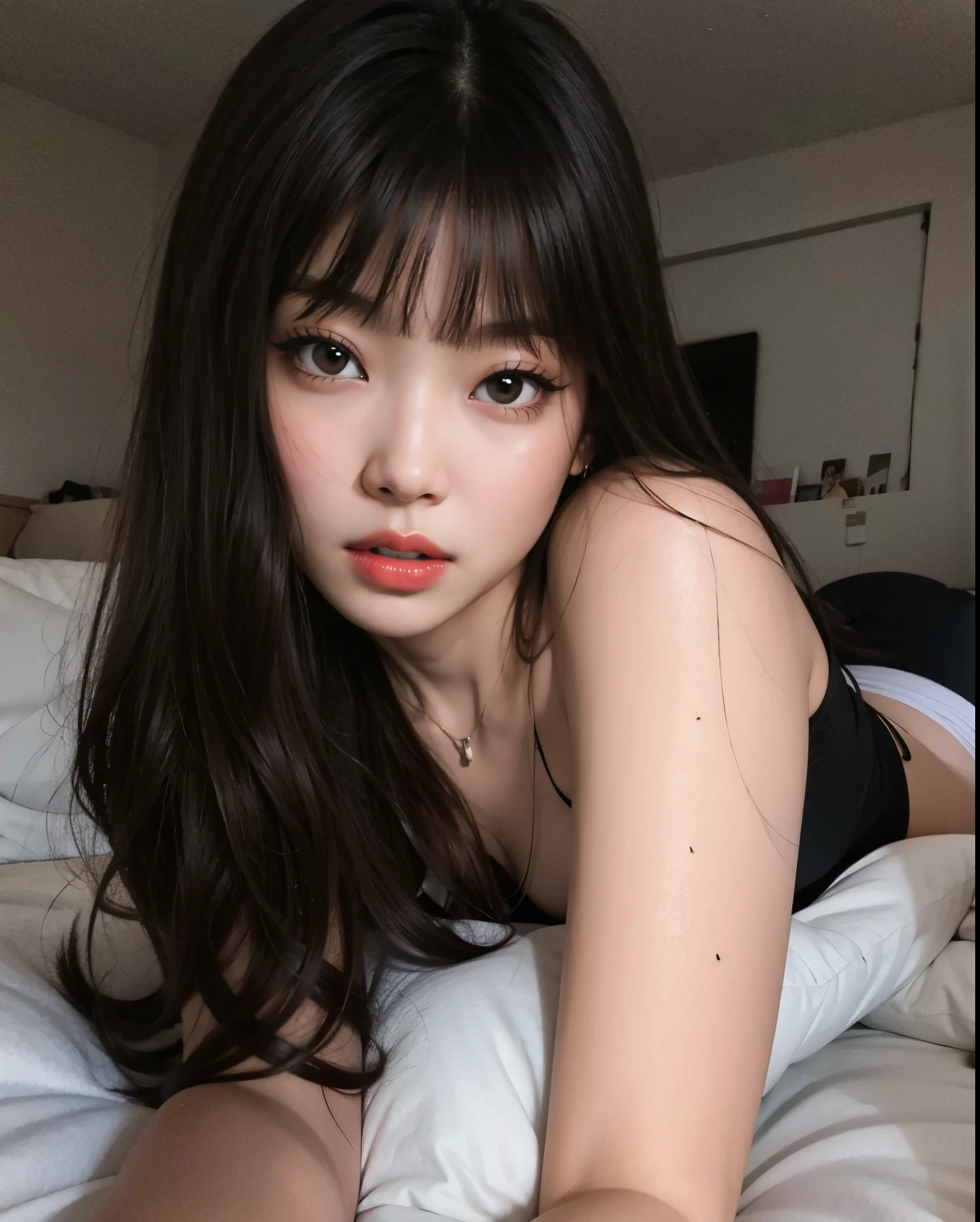 best quality, masterpiece, ultra high res, RAW, 8k, ultra-realistic, young girl, offshoulder, confused expression, very warm light, flawless skin, (black hair:1.4), (((bad hair:1.4))), (Bangs:1.2), ((in bed)), extremely beautiful eyes, (dark eyes:1.4), just woke up, wrapped in blanket, colorful bed