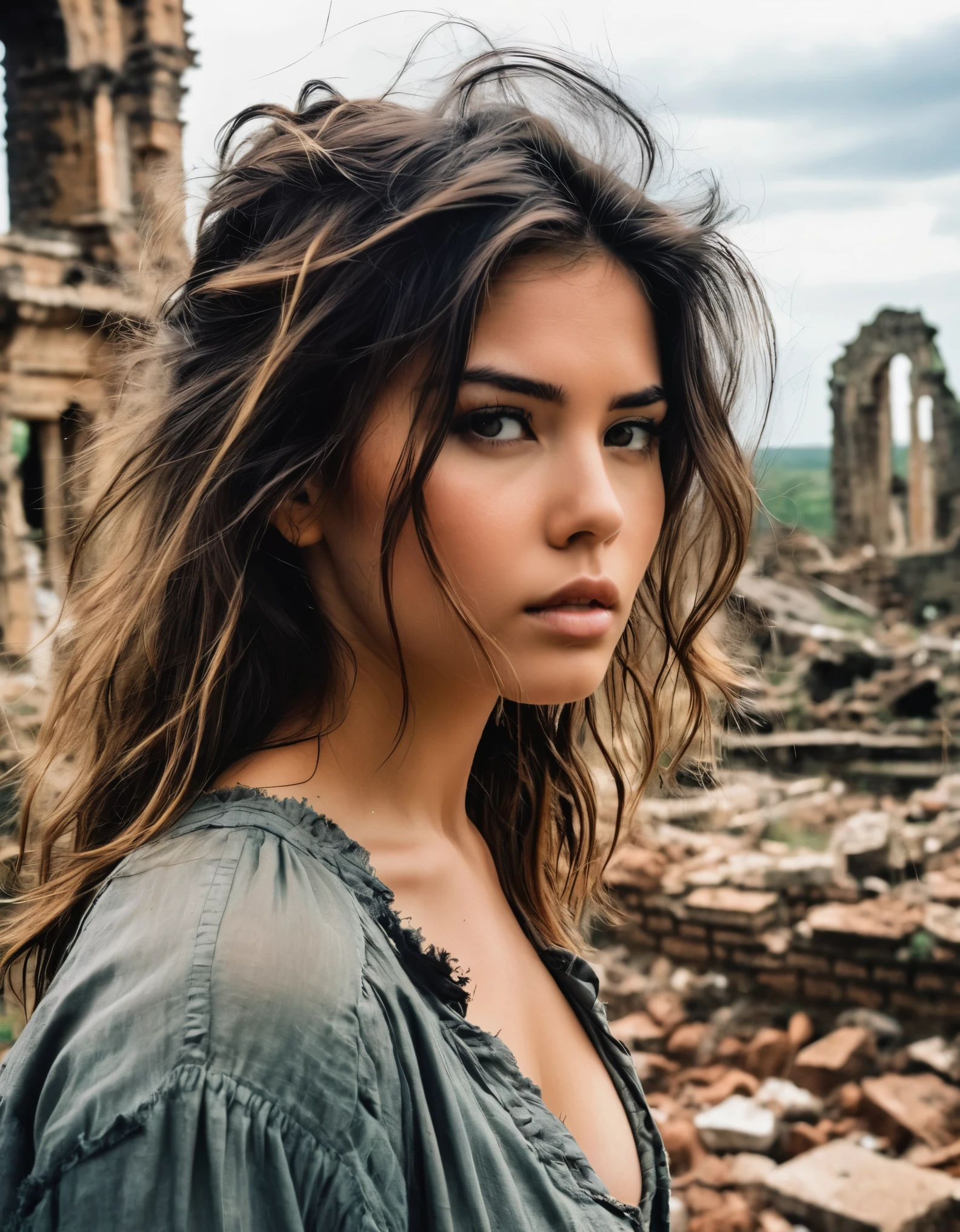 A defiant beauty with tousled hair and smudged eyeliner, standing against a backdrop of crumbling ruins. Inspired by Romanticism, her expression is one of longing and defiance, as she gazes into the distance with determination.