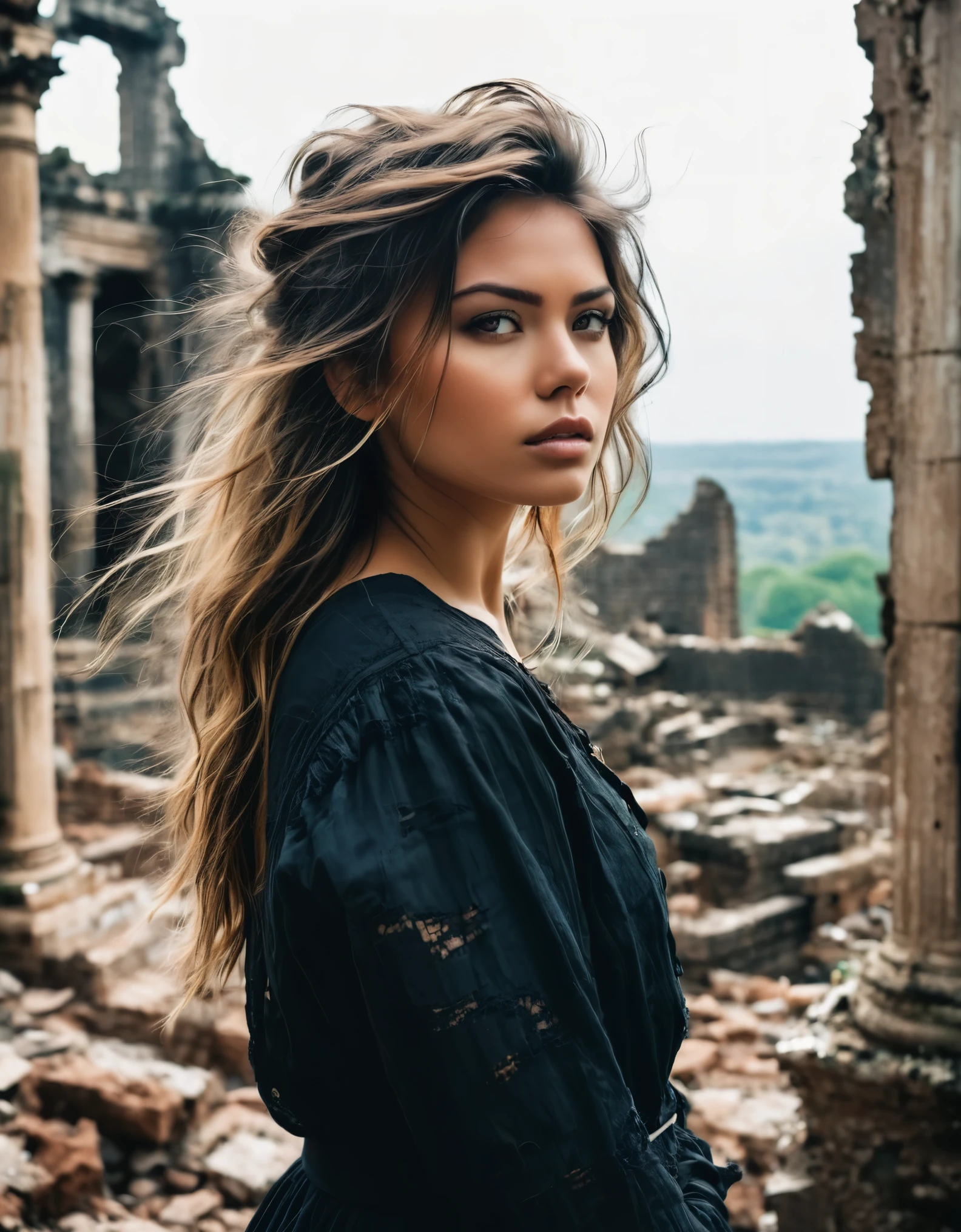A defiant beauty with tousled hair and smudged eyeliner, standing against a backdrop of crumbling ruins. Inspired by Romanticism, her expression is one of longing and defiance, as she gazes into the distance with determination.