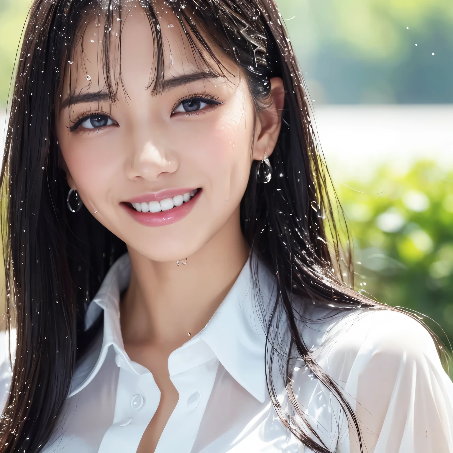 (highest quality、table top、8K、best image quality、Award-winning work)、(One soaking wet beauty:1.1)、(Perfect white polyester collared open shirt:1.3)、(wet white open shirt:1.2)、(Fixed front configuration:1.1)、(My skin is visible through my wet shirt:1.1)、brown eyes、(Strongly blurred refreshing green background:1.1)、(Strongly blurred background:1.1)、(Beautiful wet and shiny skin:1.1)、(very bright and refreshing:1.4)、(very cool advertising image:1.1)、big breasts、cleavage、emphasize body line、(the best smile looking at me:1.1)、(Please smile and show your beautiful teeth:1.1)、perfect makeup、With bangs、Ultra high definition beauty face、ultra high definition hair、Super high-definition sparkling eyes、Super high resolution glossy lips、accurate anatomy、(very bright and vivid:1.4)、(Close-up of wet face:1.3)、(Ultra high definition countless water droplets:1.2)、(The most natural and perfect freshwater splash:1.1)、(fresh water splash:1.1)、(Perfectly reproduces the texture of wet hair:1.1)、(wet and shiny skin:1.2)、(wet and shiny hair:1.2)、(Ultra-high definition bright and beautiful skin:1.3)