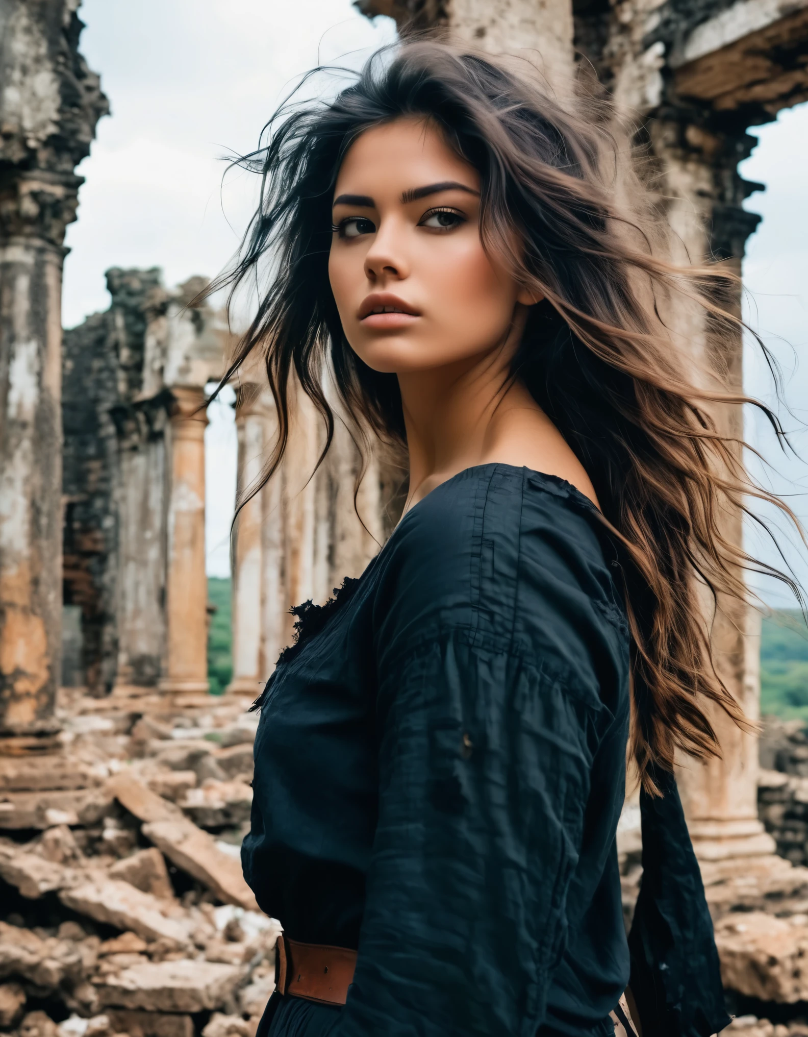 A defiant beauty with tousled hair and smudged eyeliner, standing against a backdrop of crumbling ruins. Inspired by Romanticism, her expression is one of longing and defiance, as she gazes into the distance with determination.