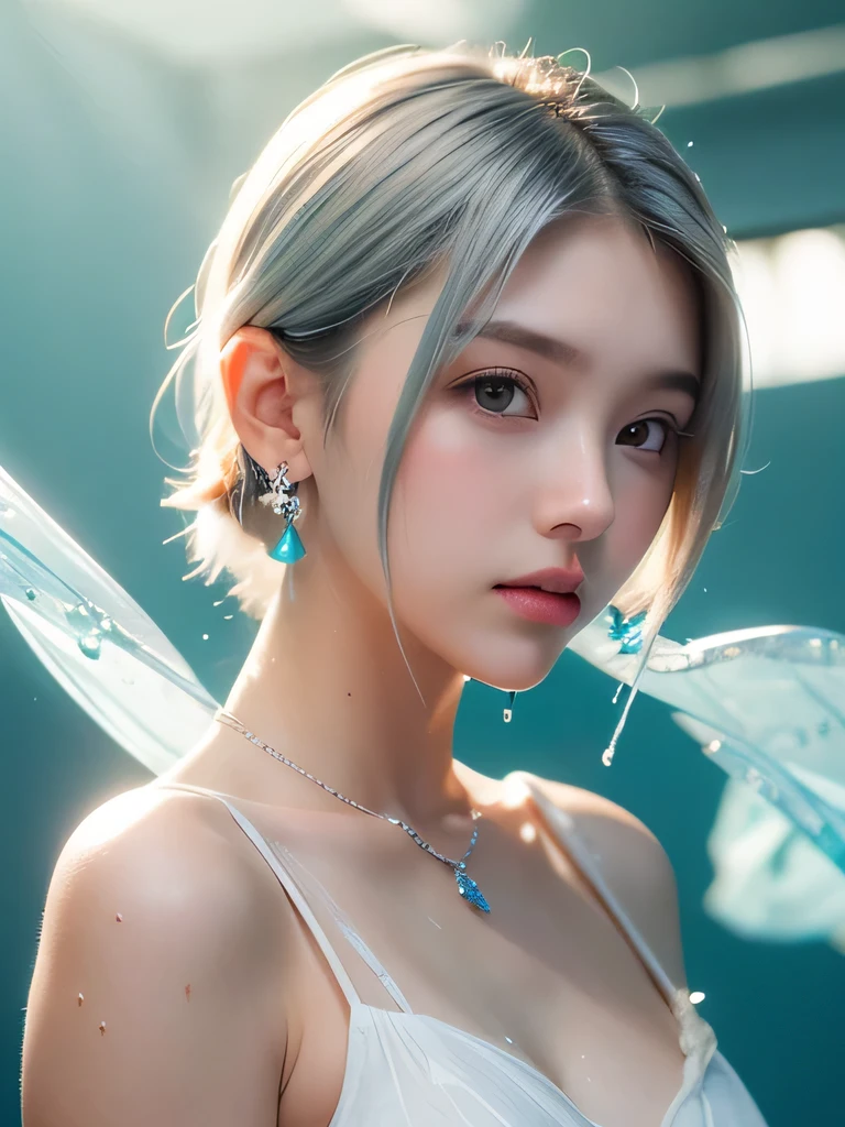 (masterpiece, highest quality:1.2), 8K, 85mm, Raw photo, confused, white and cyan theme, (liquid clothes, liquid dress:1.4), gray hair, gradient dress, delicate girl, Upper body, close your face, shiny skin, , looking at the viewer, HDR, sharp focus, particle, dusk sky, shiny skin, small eyes and face, colorful background, simple background、earrings、necklace、clavicle、shortcut、silver hair、underwater world、