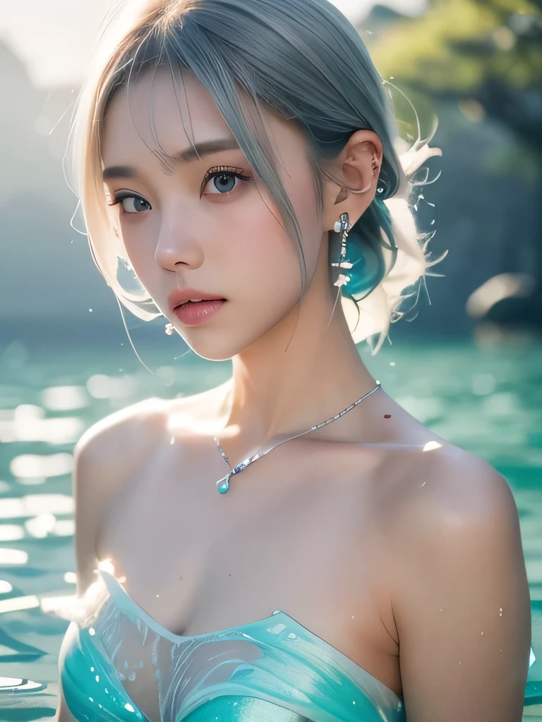 (masterpiece, highest quality:1.2), 8K, 85mm, Raw photo, confused, white and cyan theme, (liquid clothes, liquid dress:1.4), gray hair, gradient dress, delicate girl, Upper body, close your face, shiny skin, teen, looking at the viewer, HDR, sharp focus, particle, dusk sky, shiny skin, small eyes and face, colorful background, simple background、earrings、necklace、clavicle、shortcut、silver hair、underwater world、