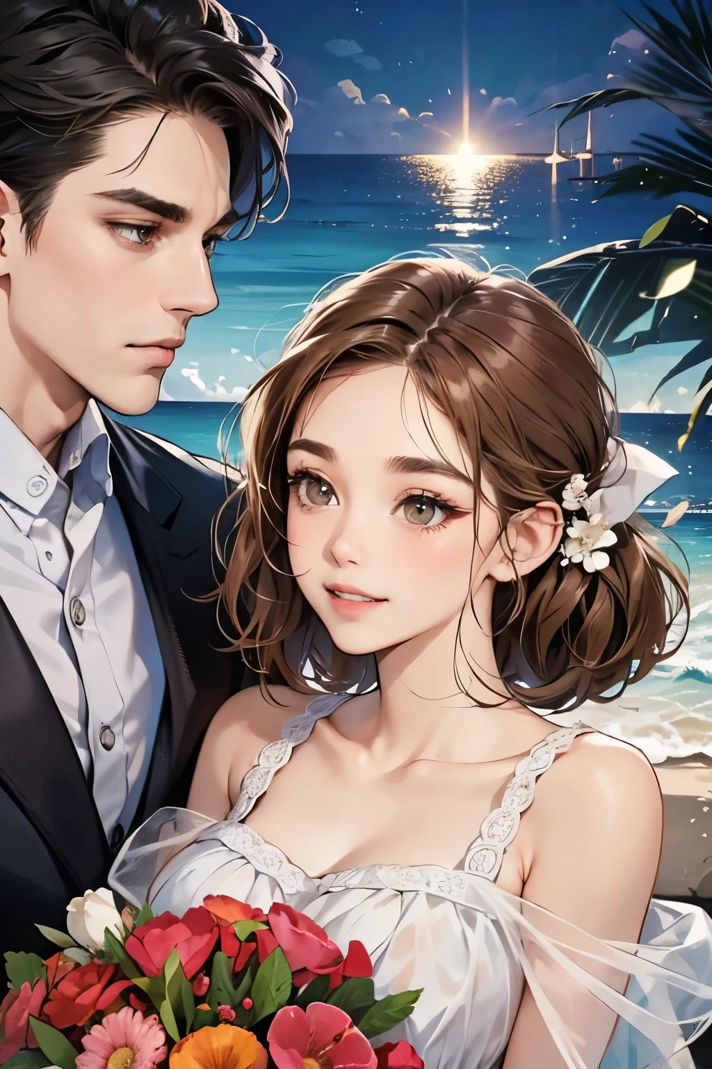 (table top, digital art, digital illustration, 4k, 8k, super detailed, beautiful images, clear image, realistic, RAW photo, perfect face, perfect lines, perfect eyes, soft lighting) 1 female, (light brown hair,chignon hair,innocent look,droopy eyebrows,droopy eyes,With a round face,round chin、innocence,cute,Big eyes,natural makeup,smile gently,E cup,23 years old:1.3),Two handsome men in suits, (human,man wearing a suit,muscular,solid shoulder width,adult male,boyish hairstyle,A man in his 30s with a cool expression,28 year old man with a bright smile:1.2),coastal、beach wedding,(embarrassing,shy smile,bouquet:1.2),Sea side、kiss、カップルkiss、romance porn、couple looking at each other、couple hugging each other
