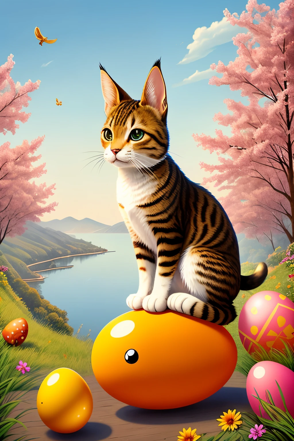 A charming feline figure, embodying the likeness of a bunny, keenly gazes at Easter eggs spread across a scenic setting. Adorned with Looney Tunes aesthetic, this captivating digital drawing boasts high definition clarity, expertly crafted by a skillful illustrator. The Easter eggs, brightly colored and intricately detailed, add a playful charm to the composition, as the smiling cat eagerly anticipates the delightful surprises to come.
