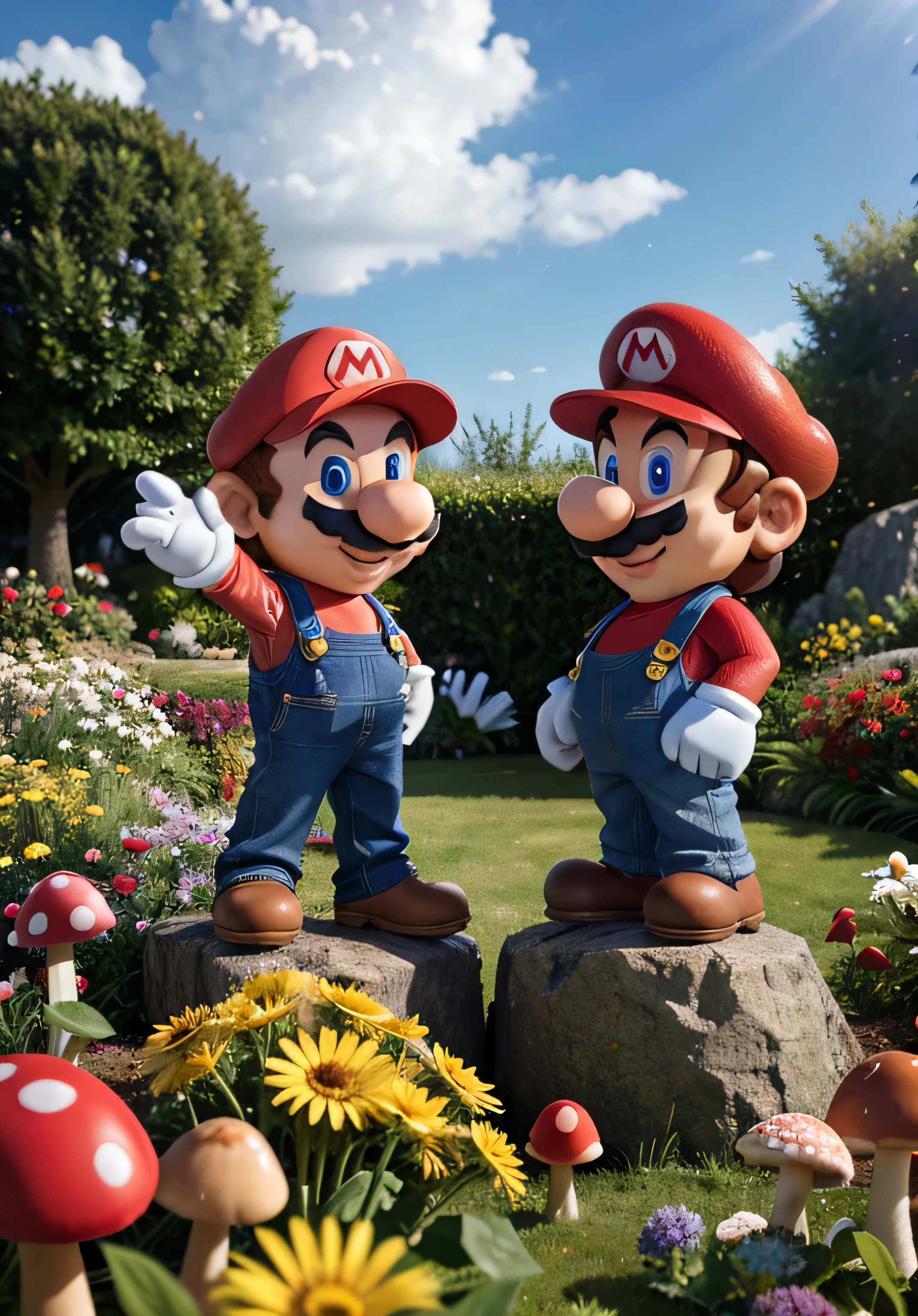 Nesta imagem, Mario and a smaller Mario are standing on a rock in a flower garden. Mario is wearing his iconic red hat and overalls. Existem duas estruturas em forma de cogumelo no fundo, one on the left and one on the right. The sky is blue with white clouds and there are red and yellow mushrooms floating in the air.