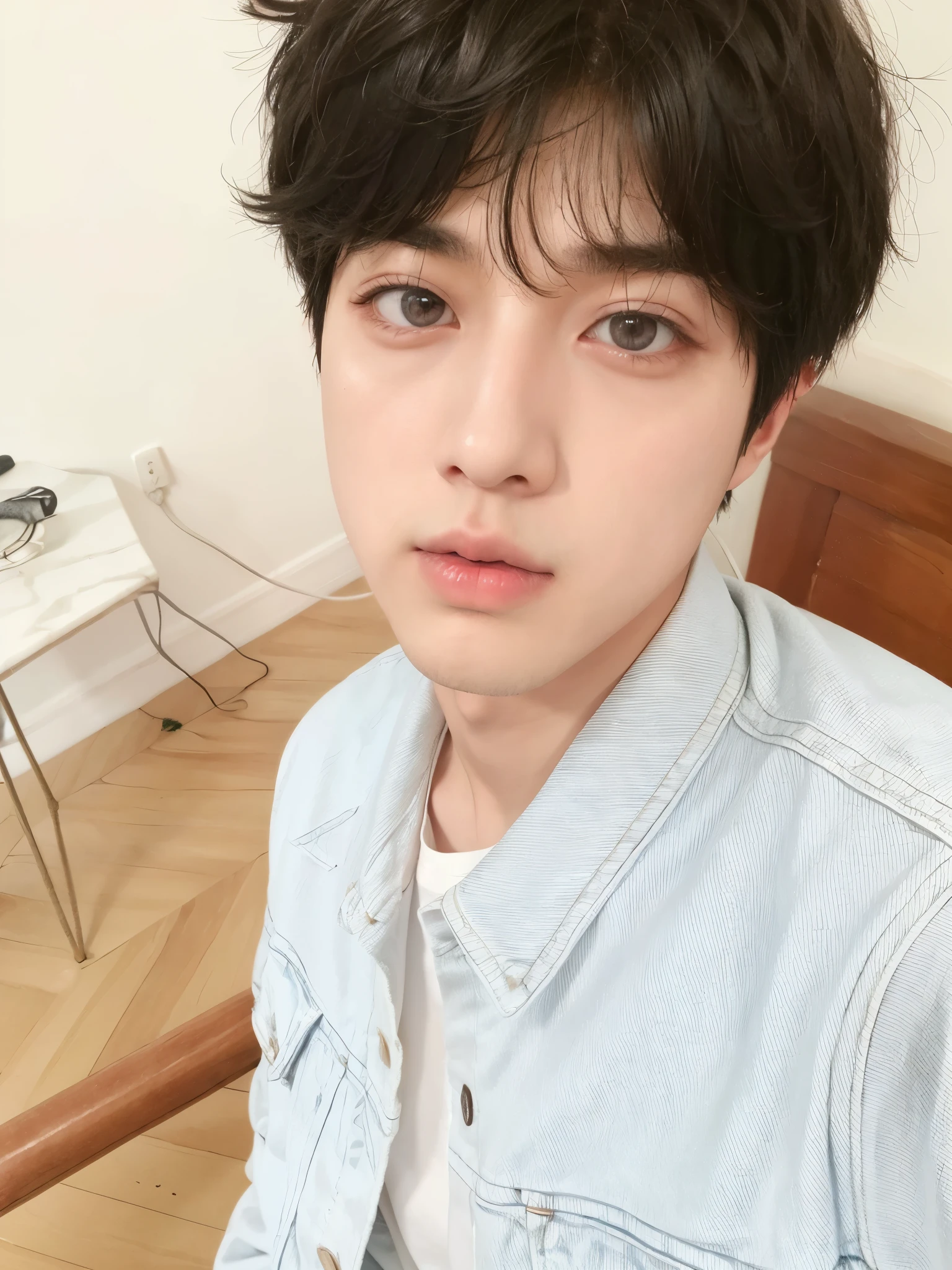 homem arafiado com uma jaqueta jeans e uma camisa branca, SeokJin Kim, Kim seokjin, jin seok, Kim seokjin, male Ulzzang, seokjin kim, adorable and pale korean face, Jin\the full lips, Ulzzang, Jin\the right eyelid is swollen, jin do bts, Seok Jin hyung, jin seok kim, Kim SeokJin