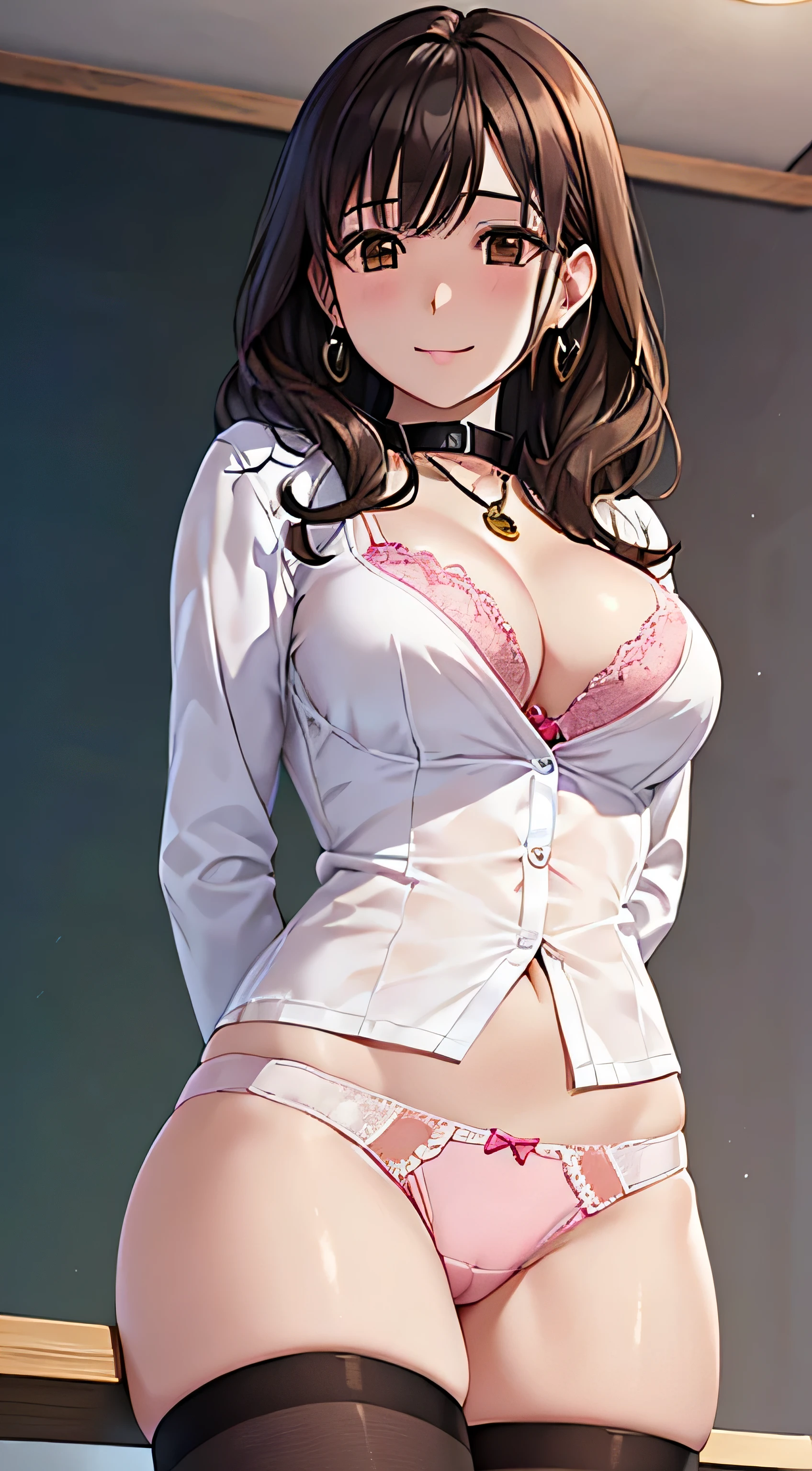 (table top, highest quality, High resolution, , perfect pixel, 4k,), 1 girl, single, alone, Beautiful woman、I could see the whole body、 ((wavy mid hair, bangs, brown hair)), ((brown eyes, beautiful eyelashes, realistic eyes)), ((detailed face, blush:1.2)), ((smooth texture:0.75, realistic texture:0.65, realistic:1.1, Anime CG style)), medium breasts, dynamic angle, perfect body, ((, female teacher, white shirt with collar,、white button not fastened、earrings、necklace、、、black knee high stockings、open both legs wide、、shy smile、、leaning forward)), Upper grade、、、evening、、(white and pink lace panties and bra、、(Bring your chest and arms together、、)、angle from below)、