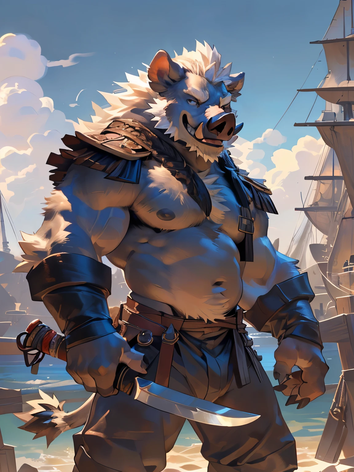 anthro, polar bear:2.4, standing, (in the deck of a modern fishing boat), white boat, ((wearing modern fisherman clothes and holding a fish rod, pants and boots)), happy mood, chubby, ((standing, wearing sun glasses)), strongman:1.5, (solo:1.8), male, flacid penis:1.7, foreskin, saggy balls, super detailed, best art, 8k, vibrant, (by snowskau), by taran fiddler:1.8, by RedRusker:1.8, art stile, 3D, halfbody:1.2), masterpiece, best quality, half body:1.8, halfbody:1.8,