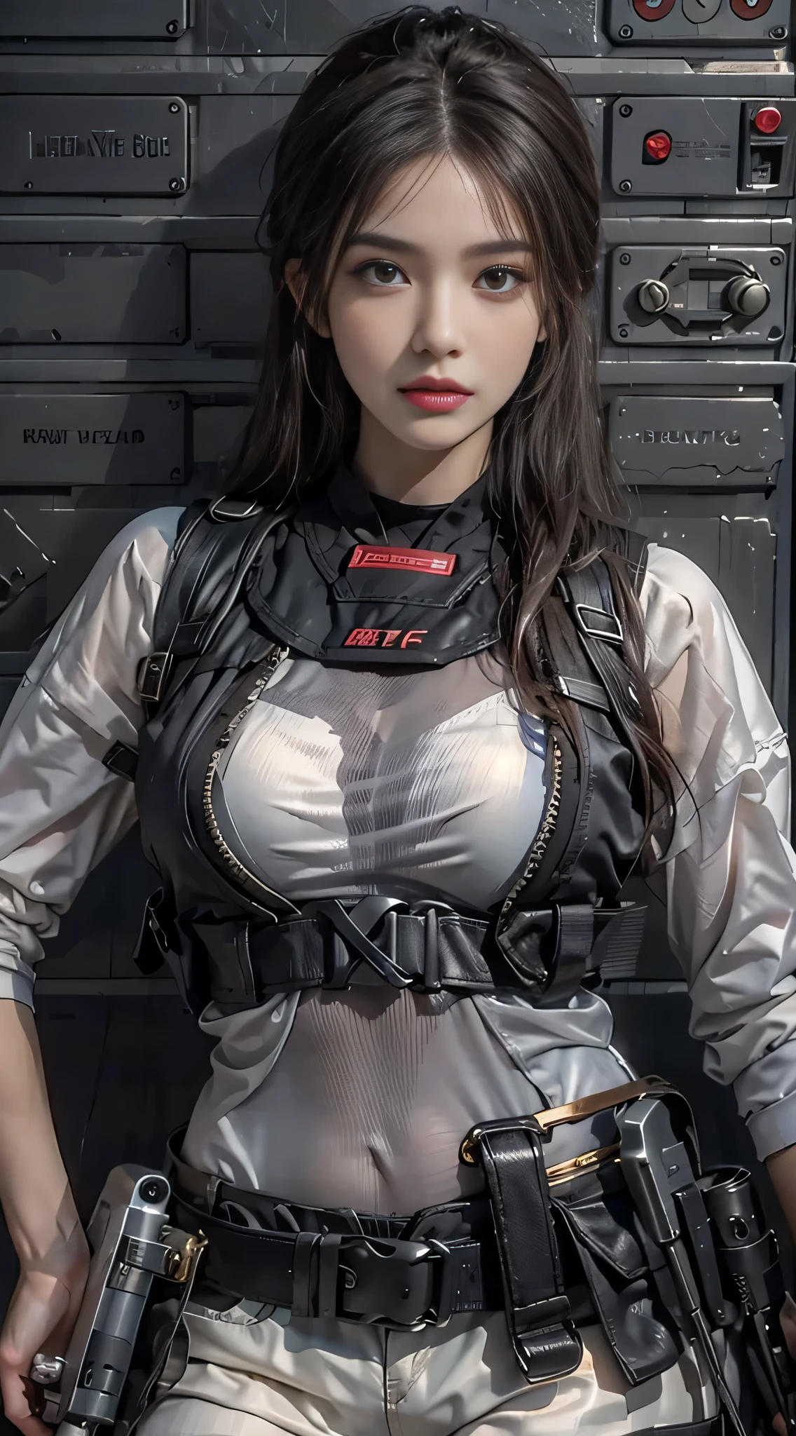 Photorealistic, High resolution, 1womanl, Solo, Sexy, hips up high, view the viewer, (Detailed face), SWAT Vest, gun, Jewelry,