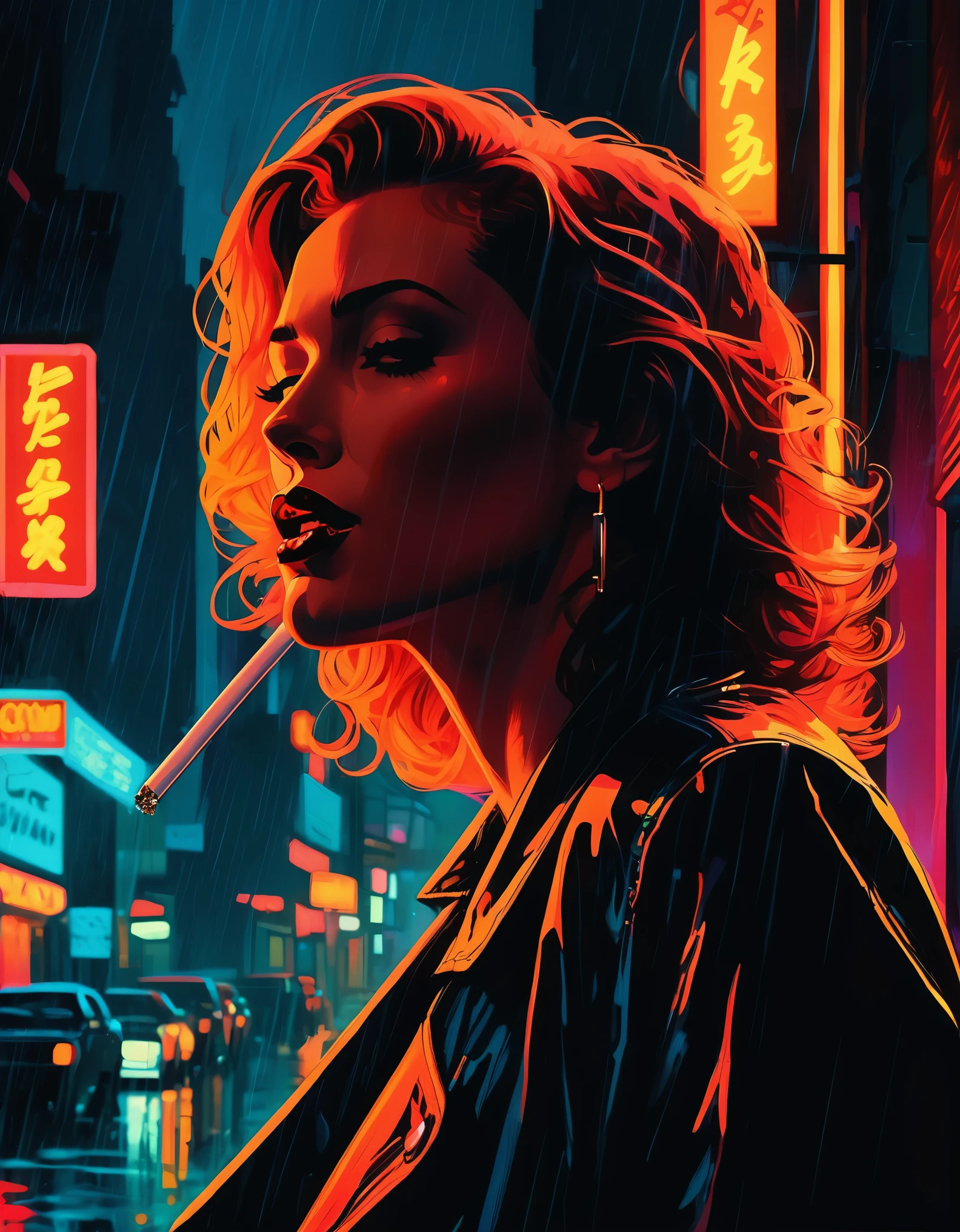 A femme fatale with a cigarette dangling from her lips, framed by the neon glow of a rainy cityscape. Rendered in the style of Frank Miller, her features are sharp and angular, with shadows that hint at a dark and troubled past.