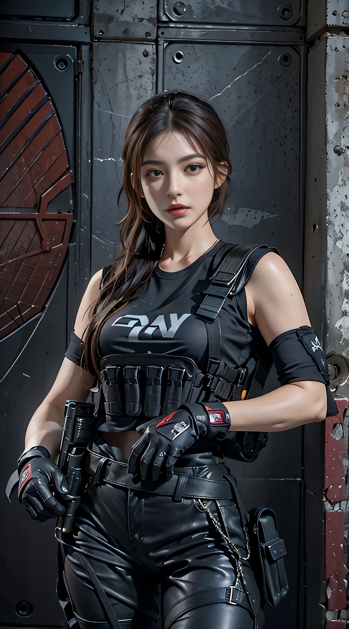 Photorealistic, High resolution, 1womanl, Solo, Sexy, hips up high, view the viewer, (Detailed face), SWAT Vest, gun, Jewelry,