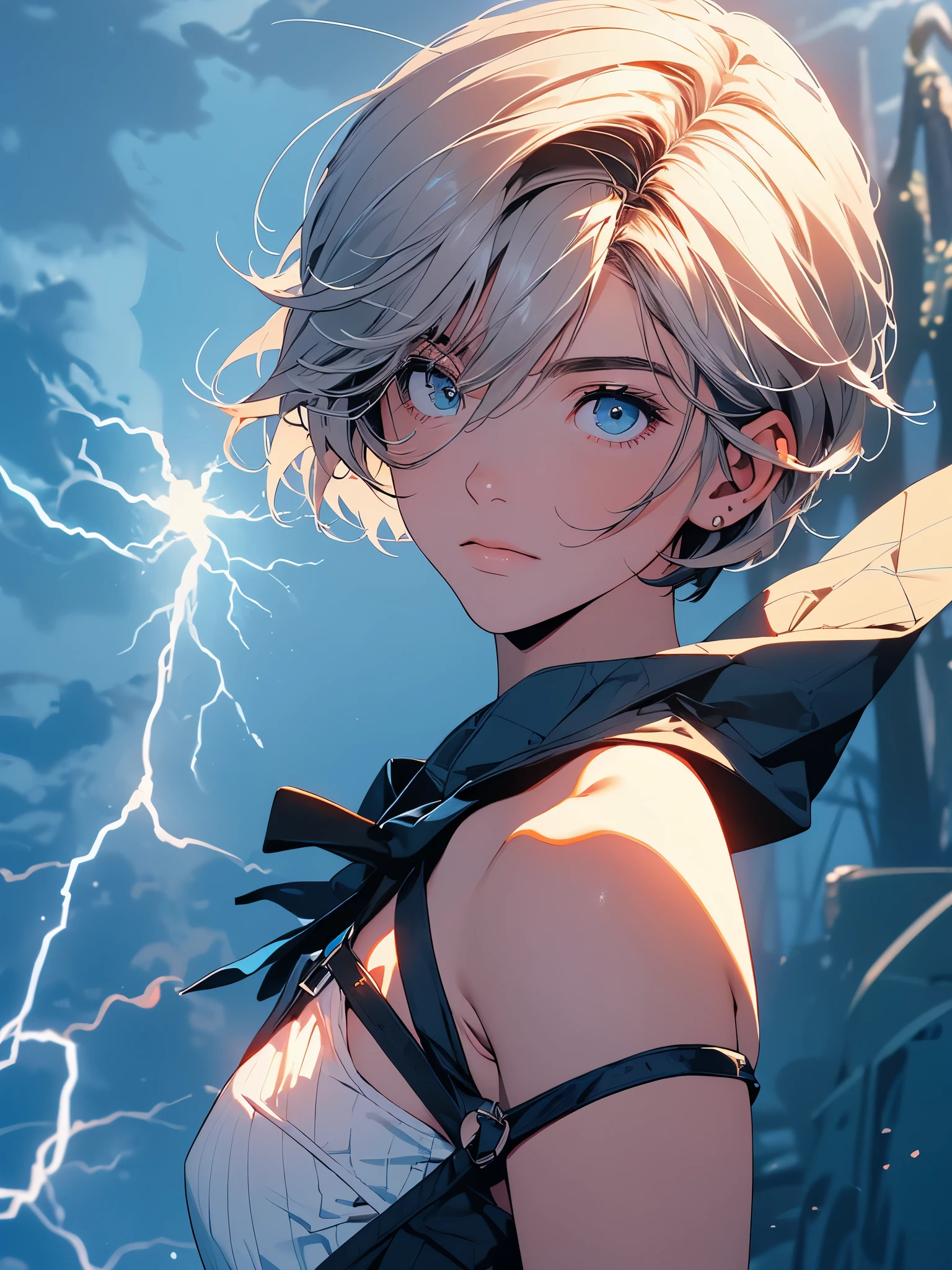 &Quot;((oficina)), qualidade perfeita, gordura, Abaulamento, corpo inteiro, beleza estonteante, Jeanfavonian, seios pequenos, (Anime de alta qualidade), irritado, corar, Standing on the street near the river next to the village, hands on the chest, Looking at the Viewer, sem manoplas. Cabelo curto (((short bob hair soprando ao vento))), the background is simple and blue, and the gaze is directed downward at a low angle, a bright lightning bolt.
