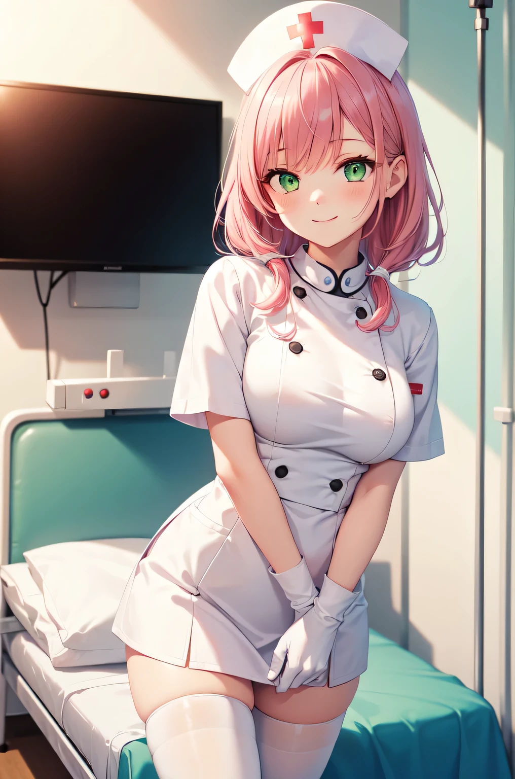 1girl, solo, nurse, white nurse cap, white nurse uniform, ((white legwear, zettai ryouiki)), white gloves, pink hair, green eyes, drooping eyes, smile, standing, ((hospital room)), sharp outline, short sleeves, best quality, masterpiece