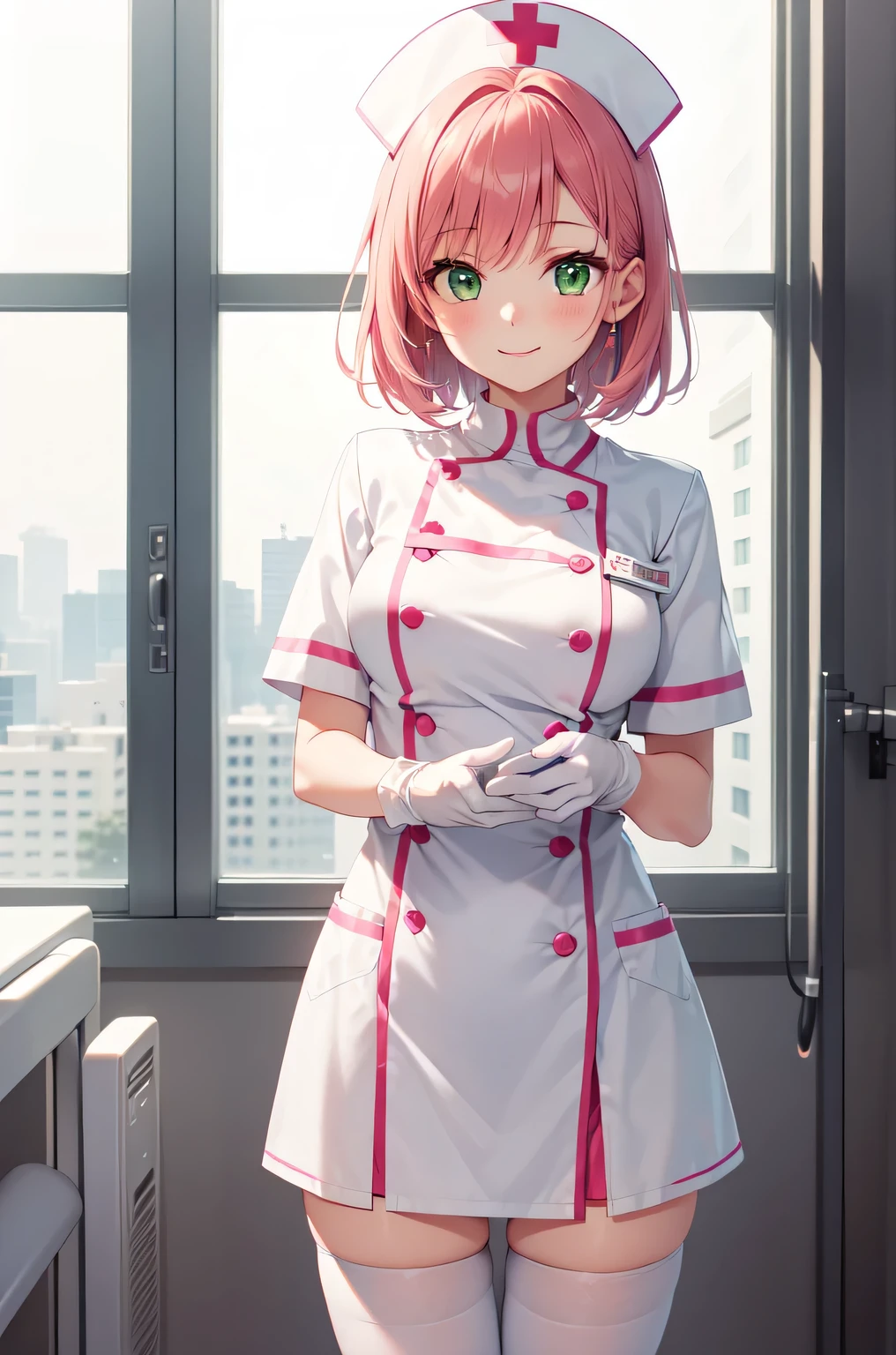 1girl, solo, nurse, white nurse cap, white nurse uniform, ((white legwear, zettai ryouiki)), white gloves, pink hair, green eyes, drooping eyes, smile, standing, ((hospital room)), sharp outline, short sleeves, best quality, masterpiece