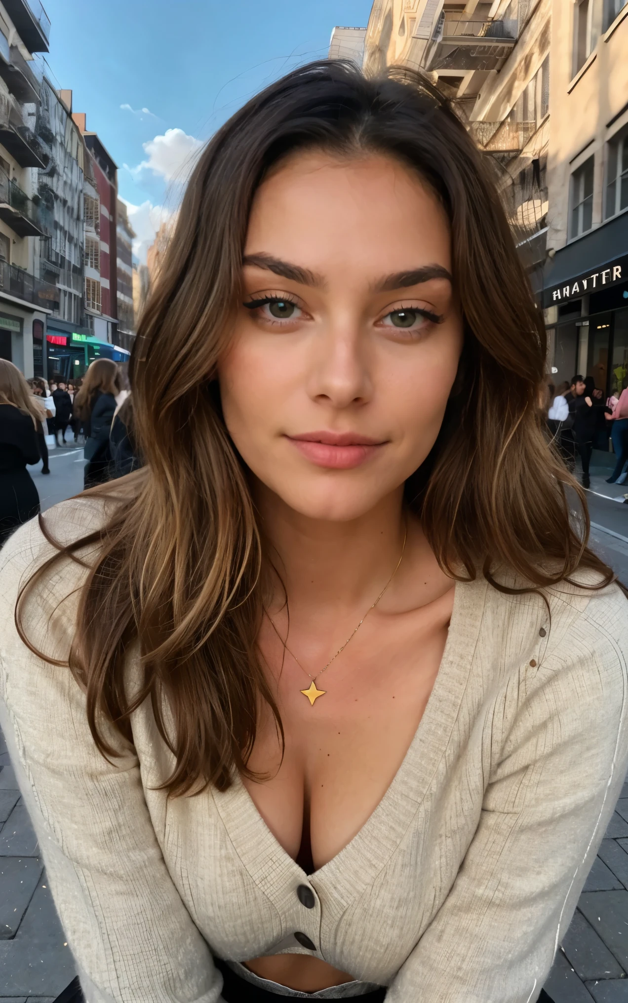 Beautiful brunette with blonde highlights, wearing a beige sweater (22 Jahre alt, Gesicht unschuldig, Natural wavy hair, blaue Augen), und eine Frau ((Selfie am upper body, a happy one)), tMeisterwerk, beste-Qualit, ultradetailliert, Solo, Outside, (die Nacht), Berge, Natur, (die Sterne, Offizier) heiter, analoger Stil (Schau den Betrachter an: 1.2) (Hauttextur) (film grains: 1.3), (warmer Farbton, warmer Ton: 1.2), eine Nahaufnahme von a, Kinolicht, Seitenlicht, extra high resolution, besserer Schatten, ROH, upper body, Pullover, Beautiful brunette with blonde highlights,dark aesthetic lights, Sehr detailiert, 22 Jahre alt, Gesicht unschuldig, Natural wavy hair, blaue Augen, high resolution, Meisterwerk, best quality, komplizierte hohe Detailgenauigkeit, sehr detailliert, scharfer Fokus, detaillierte Haut, realistic skin Textur, Textur, Detaillierte Augen, Fachmann, 4K, charming smile , gefilmt mit Canon, 85 mm, shallow depth of field, Kodak Vision Color, perfectly fitting body, Extremely detailed, Fotografier_\(Ultra\), fotorealistisch, Realistisch, Nachbehandlung, maximale Details, Rauheit, wahres Leben, Ultra realist, Fotorealismus, Fotografie, 8K UHD, Fotografie, ((Body image)), Meisterwerk, best quality, ultradetailliert, Natur, heiter, Happy, Schatten, Kontrast, klarer Himmel, Stil, (warmer Farbton, warmer Ton: 1.2), Nahaufnahme, Filmisches Licht, Seitenbeleuchtung, Ultrahigh resolution, bester Schatten, ROH, Gesichtsteil, ernster Blick, Normal breasts, 4K, Natur, Spitze, full body portrait, in a black dress, black diamond shining dress, portrait, golden hair, blonde hair, blonde, in New York city street