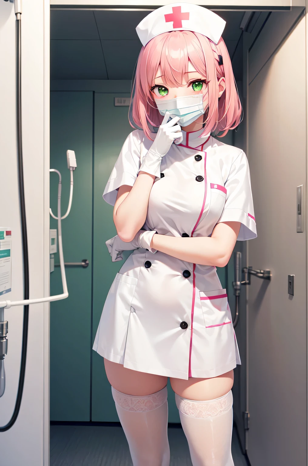 1girl, solo, nurse, white nurse cap, white nurse uniform, ((white legwear, zettai ryouiki)), white gloves, pink hair, green eyes, drooping eyes, ((white surgical mask, covered nose)), standing, ((hospital room)), sharp outline, short sleeves, best quality, masterpiece