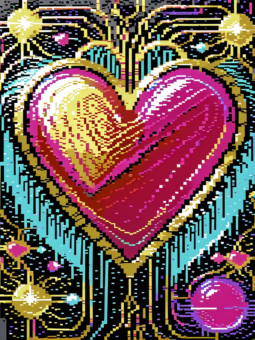 (pixel art:1.5),(neon lights), ((circuit board), (Symmetrical photo of beautiful love heart drawn with thick brush strokes and wet paint),golden ratio,melted wax,visible brush marks,surrounded by crystal ball,mosaic grid pattern,neuroimaging,Neurons,color,enthusiastic,canvas,Extremely detailed,(ultra high definition, masterpiece, precise, anatomically correct, textured skin, Super details, high detail, Award-winning, best quality, 8K)