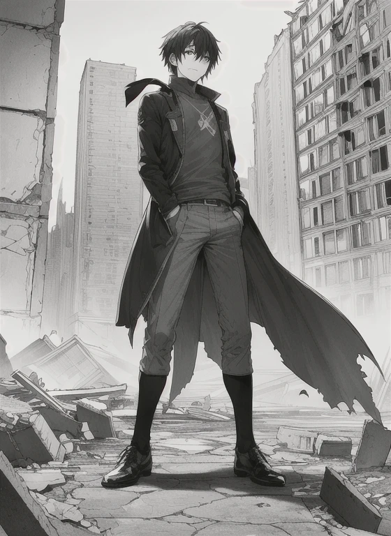 Imagine a hero with a mysterious aura, wearing clothes that reflect resilience and hope for a new beginning, amidst the ruins of a devastated past