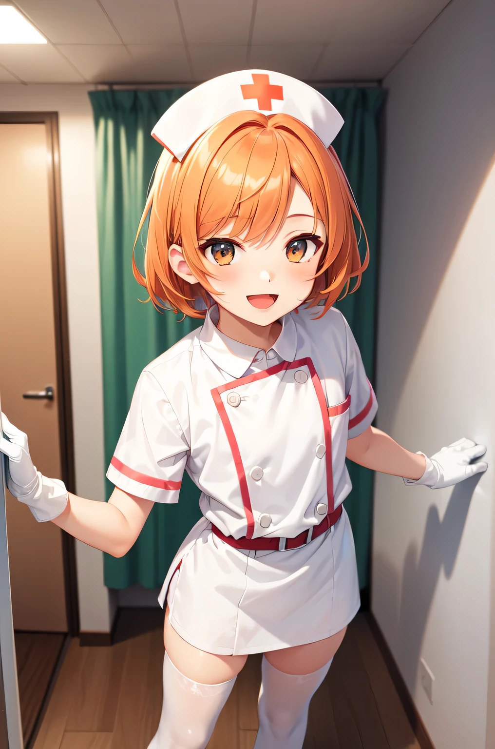 1boy, solo, male focus, nurse, white nurse cap, white nurse uniform, ((white legwear, zettai ryouiki)), white gloves, short hair, orange hair, smile, open mouth, standing, ((hospital room)), sharp outline, short sleeves, shota, 12 years old, best quality, masterpiece