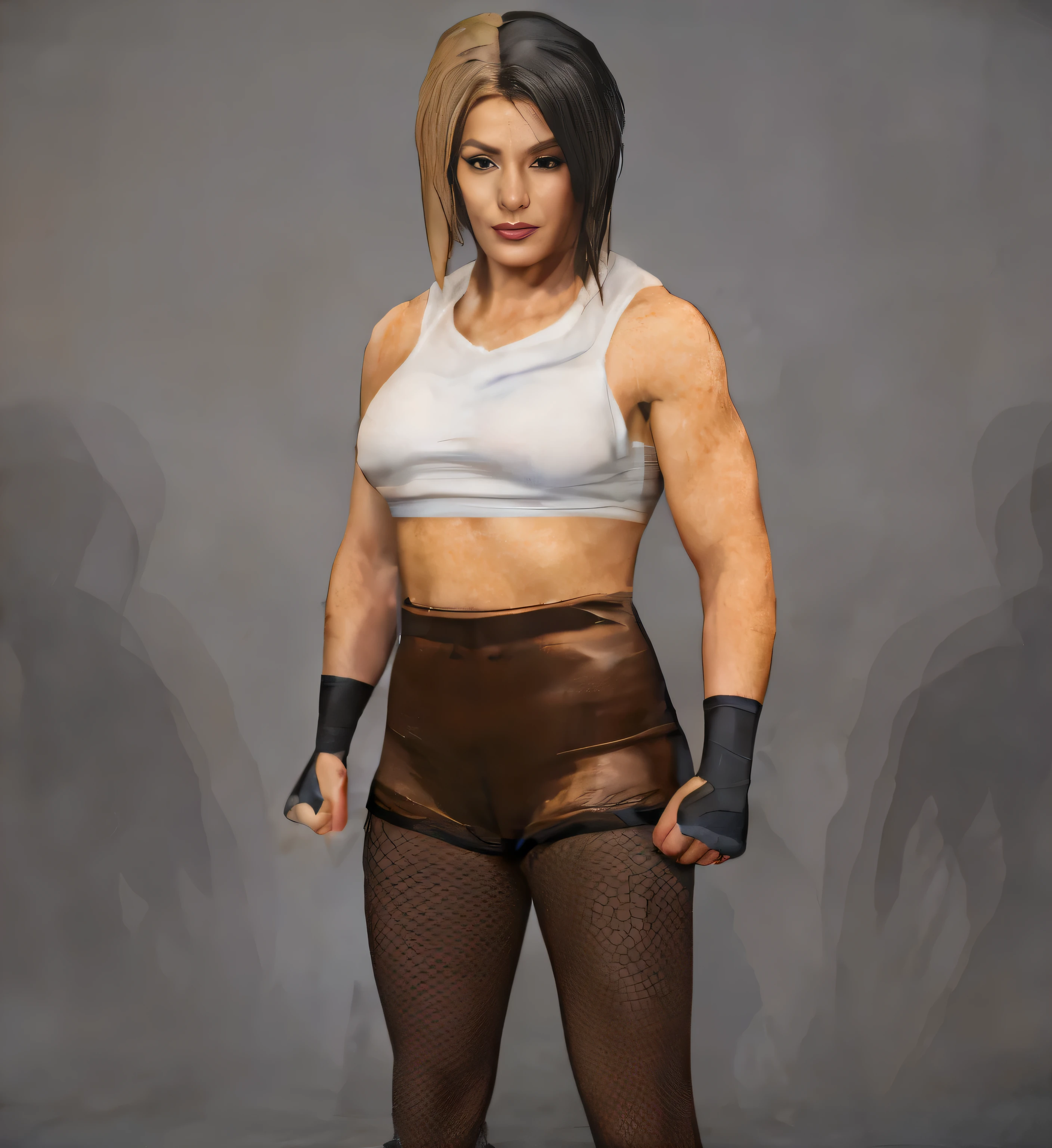 there is a woman in a short skirt and tights posing for a picture, fighter pose, muscular sweat lara croft, mma southpaw stance, female lead character, posing ready for a fight, female character, fighting game character, fight pose, muscular character, valkyrie style character, posing for a fight intricate, muscular ultraviolent woman, dramatic serious pose, short robust woman, Extremely high-resolution details, photographic, realism pushed to extreme, fine texture, incredibly lifelike