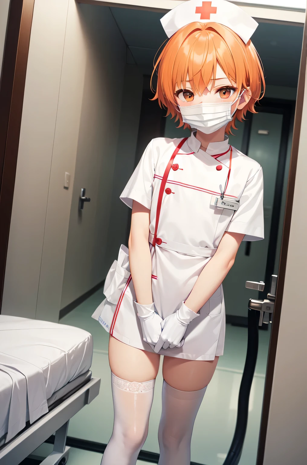 1boy, solo, male focus, nurse, white nurse cap, white nurse uniform, ((white legwear, zettai ryouiki)), white gloves, short hair, orange hair, ((white surgical mask, covered nose)), standing, ((hospital room)), sharp outline, short sleeves, shota, 12 years old, best quality, masterpiece