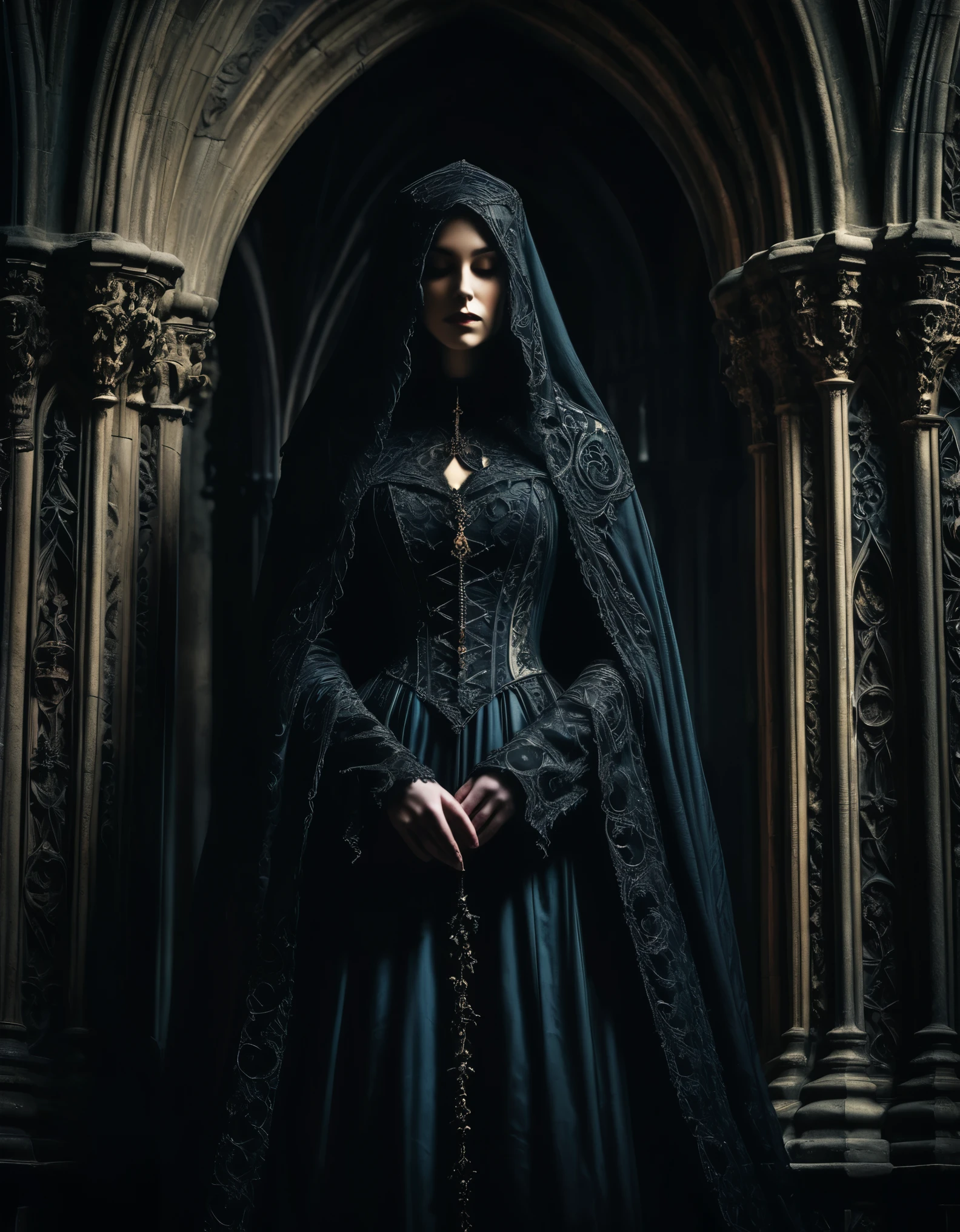 A hauntingly beautiful figure, shrouded in shadows and mystery. Rendered in the style of Gothic art, with ornate details and rich textures that evoke the atmosphere of a medieval cathedral.