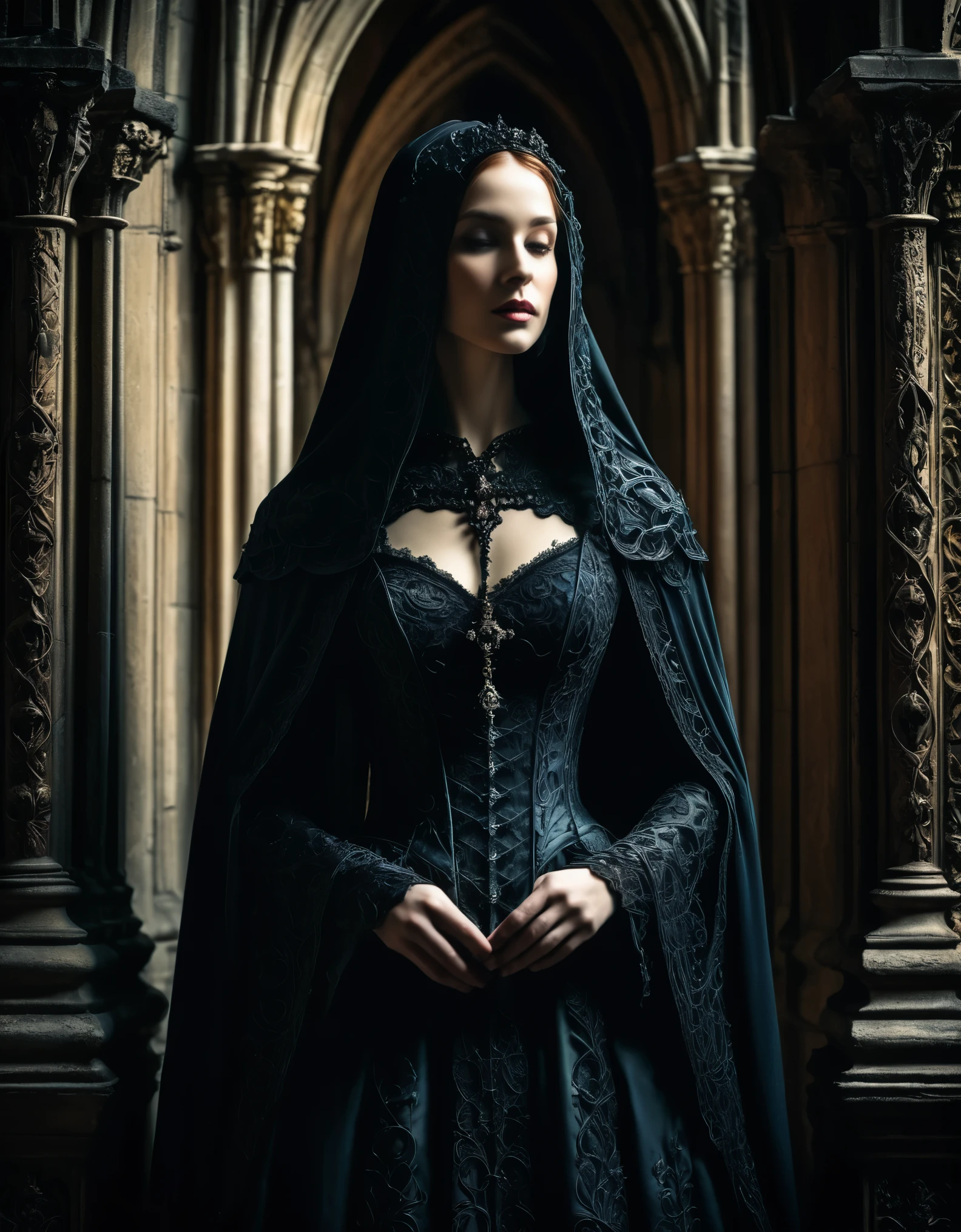 A hauntingly beautiful figure, shrouded in shadows and mystery. Rendered in the style of Gothic art, with ornate details and rich textures that evoke the atmosphere of a medieval cathedral.