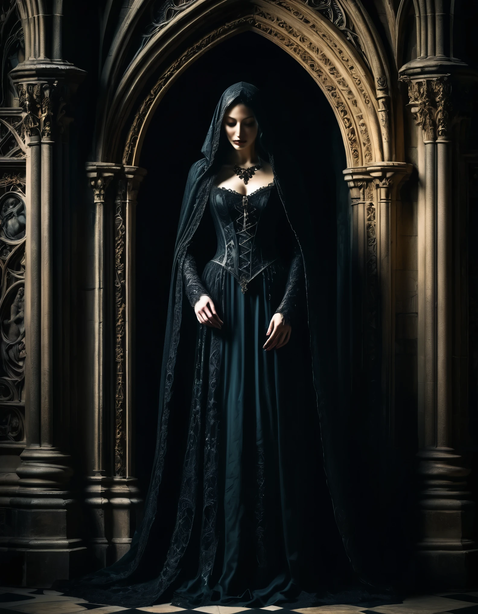 A hauntingly beautiful figure, shrouded in shadows and mystery. Rendered in the style of Gothic art, with ornate details and rich textures that evoke the atmosphere of a medieval cathedral.