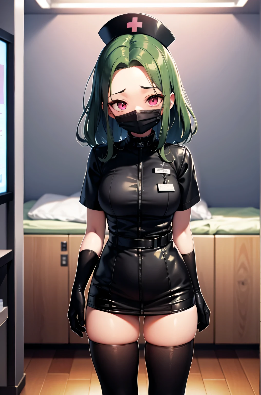 black nurse, 1woman, solo, black nurse cap, black nurse uniform, ((black legwear, zettai ryouiki)), black elbow gloves, forehead, long hair, green hair, pink eyes, ((black surgical mask, covered nose)), standing, ((surgery room)), sharp outline, short sleeves, mature female, 35 years old, best quality, masterpiece