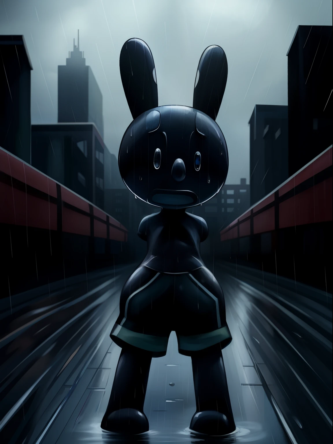 Oswald, armless, missing arms, no arms, black eyes, blue shorts, white polka dots on ears, sad expression, open mouth frown, crying, tears, expressive, dynamic angle, city street background, raindrops, raining, intricate details, masterpiece, colofur