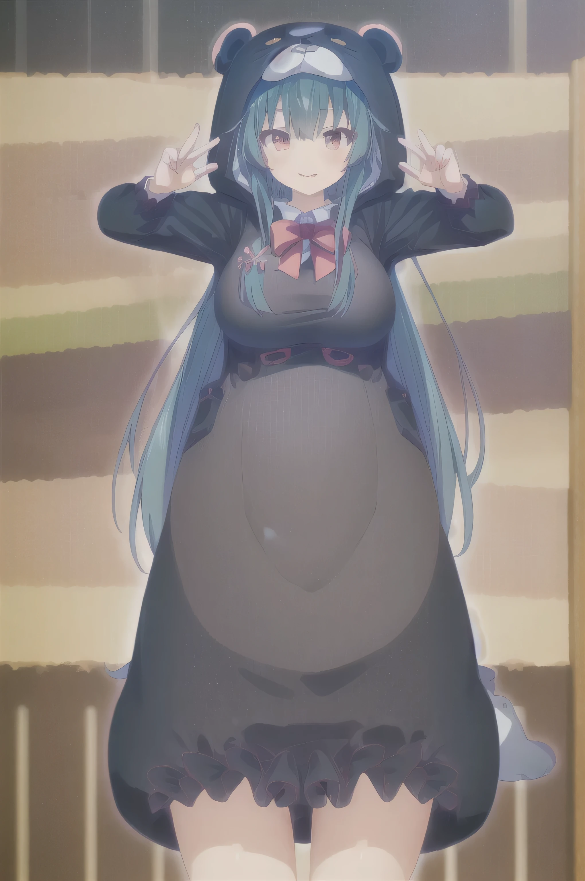 (masterpiece:1.4), (highest quality:1.4), (High resolution:1.4), Yuna, High Body, long legs, big breasts, thin waist, Black bear costume, black bear boots, Asian black bear hood, smile, 
