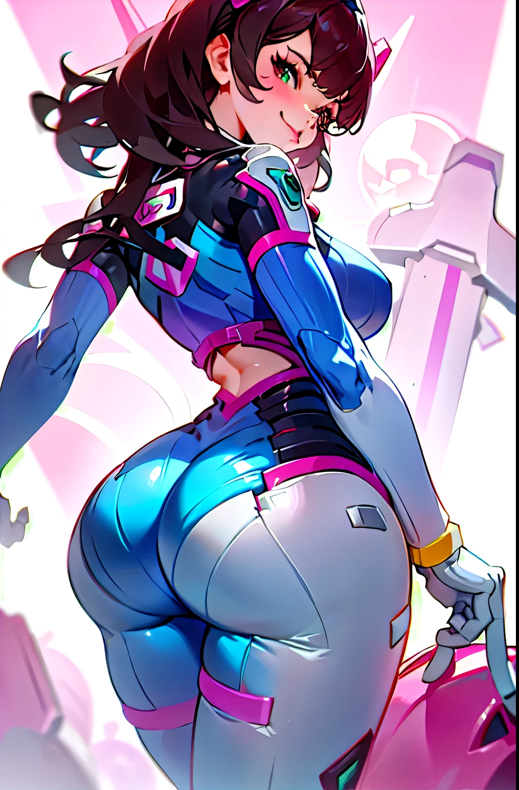 dva from overwatch, she's wearing the dva outfit from overwatch, she's showing her ass, she's watching the viewer from over her shoulder, she has a smirk on her face, she's holding her gun
