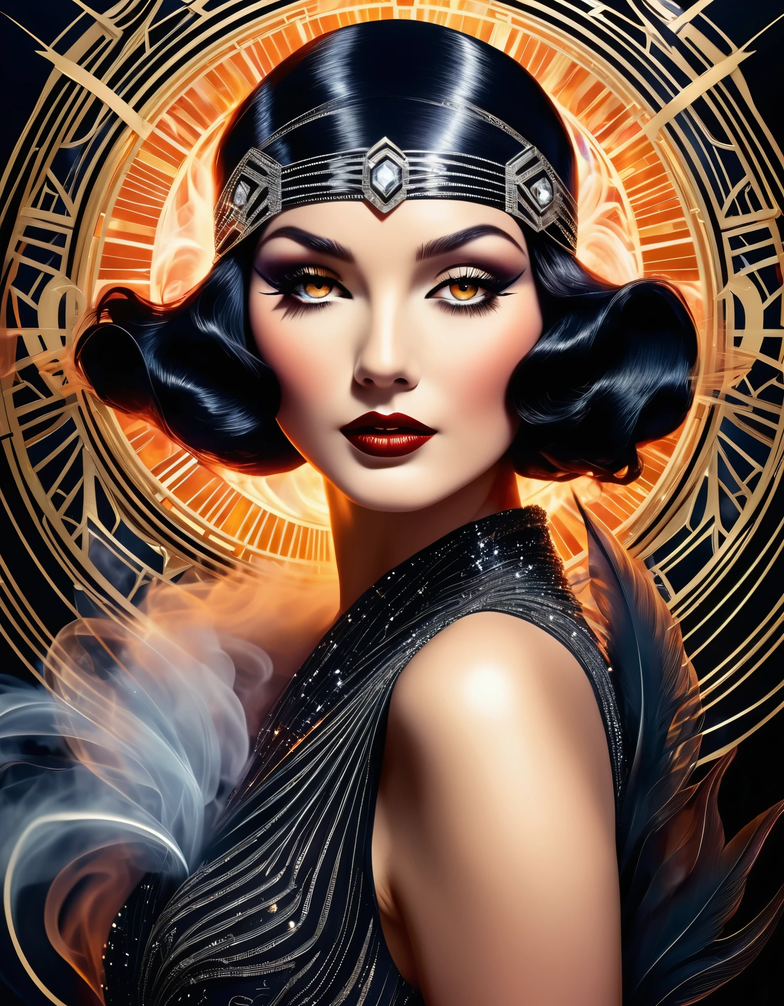 A bewitching beauty with eyes that sparkle with magic, surrounded by swirling wisps of smoke and flame. Inspired by Art Deco, her form is sleek and stylized, with flowing lines and geometric patterns that capture the glamour of the Roaring Twenties.