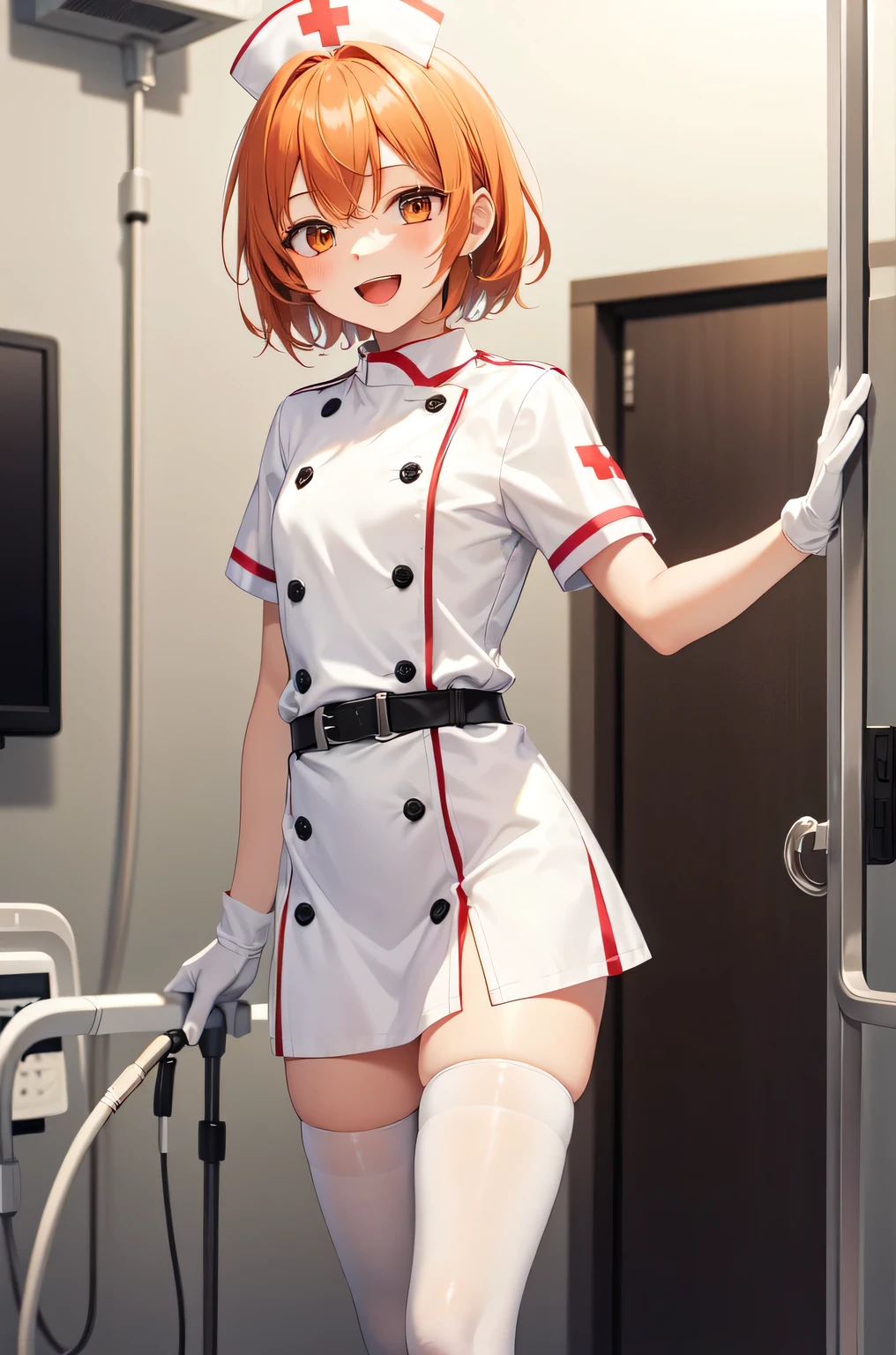 1boy, solo, male focus, nurse, white nurse cap, white nurse uniform, ((white legwear, zettai ryouiki)), white gloves, short hair, orange hair, smile, open mouth, standing, ((hospital room)), sharp outline, short sleeves, shota, , best quality, masterpiece