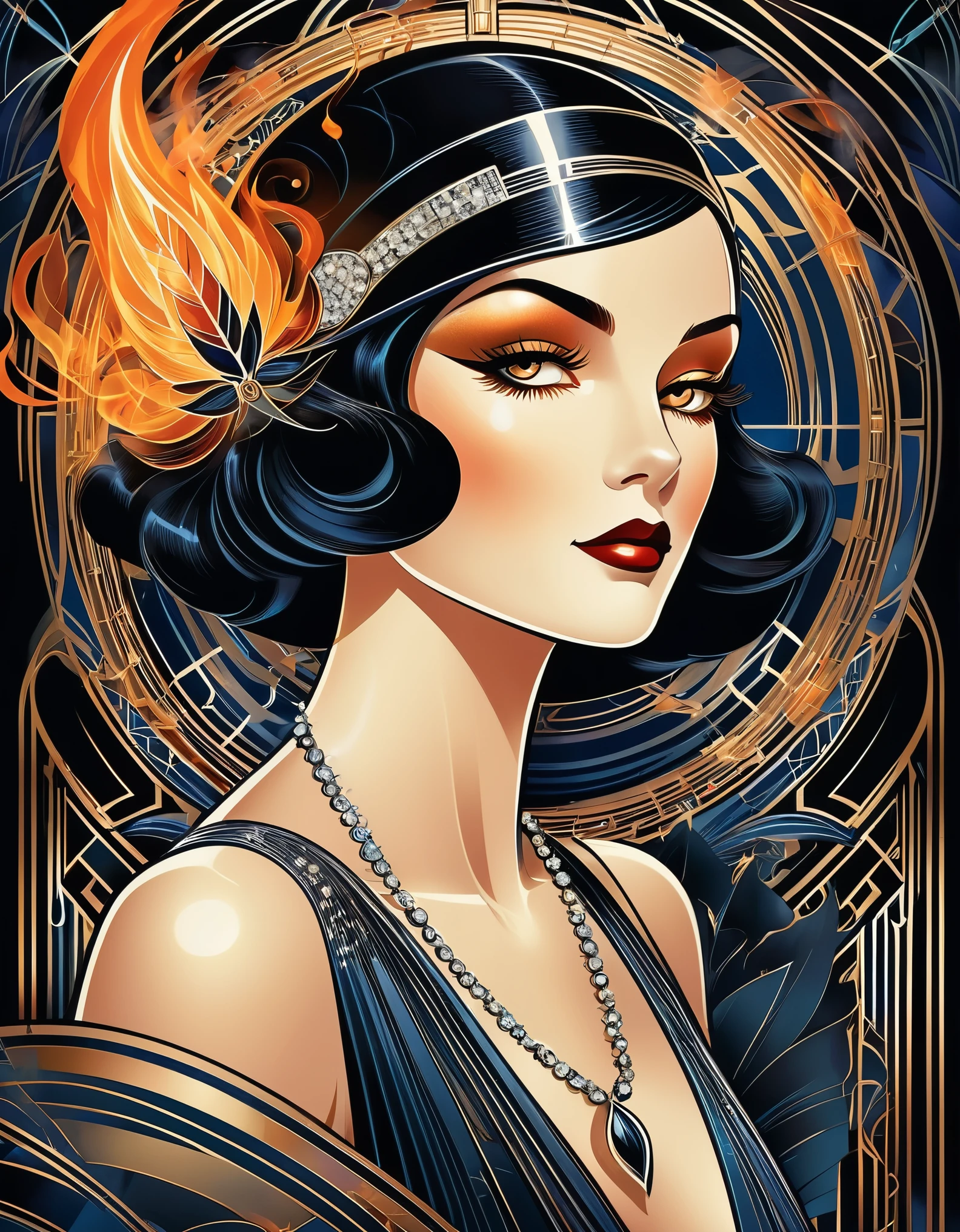 A bewitching beauty with eyes that sparkle with magic, surrounded by swirling wisps of smoke and flame. Inspired by Art Deco, her form is sleek and stylized, with flowing lines and geometric patterns that capture the glamour of the Roaring Twenties.