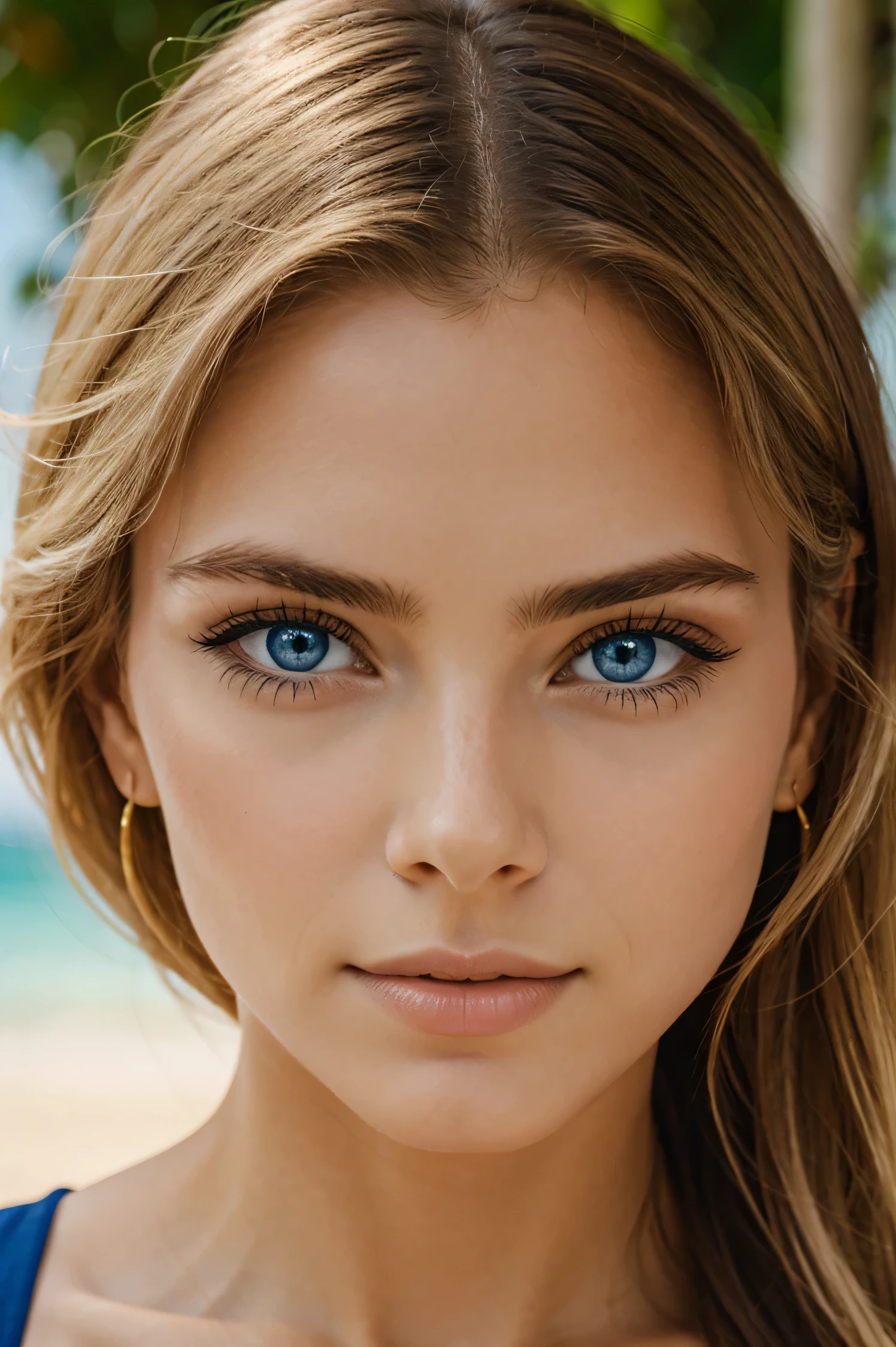 close up portrait, Lily Larimar, Blond, deep blue eyes, perfect skin, perfect face