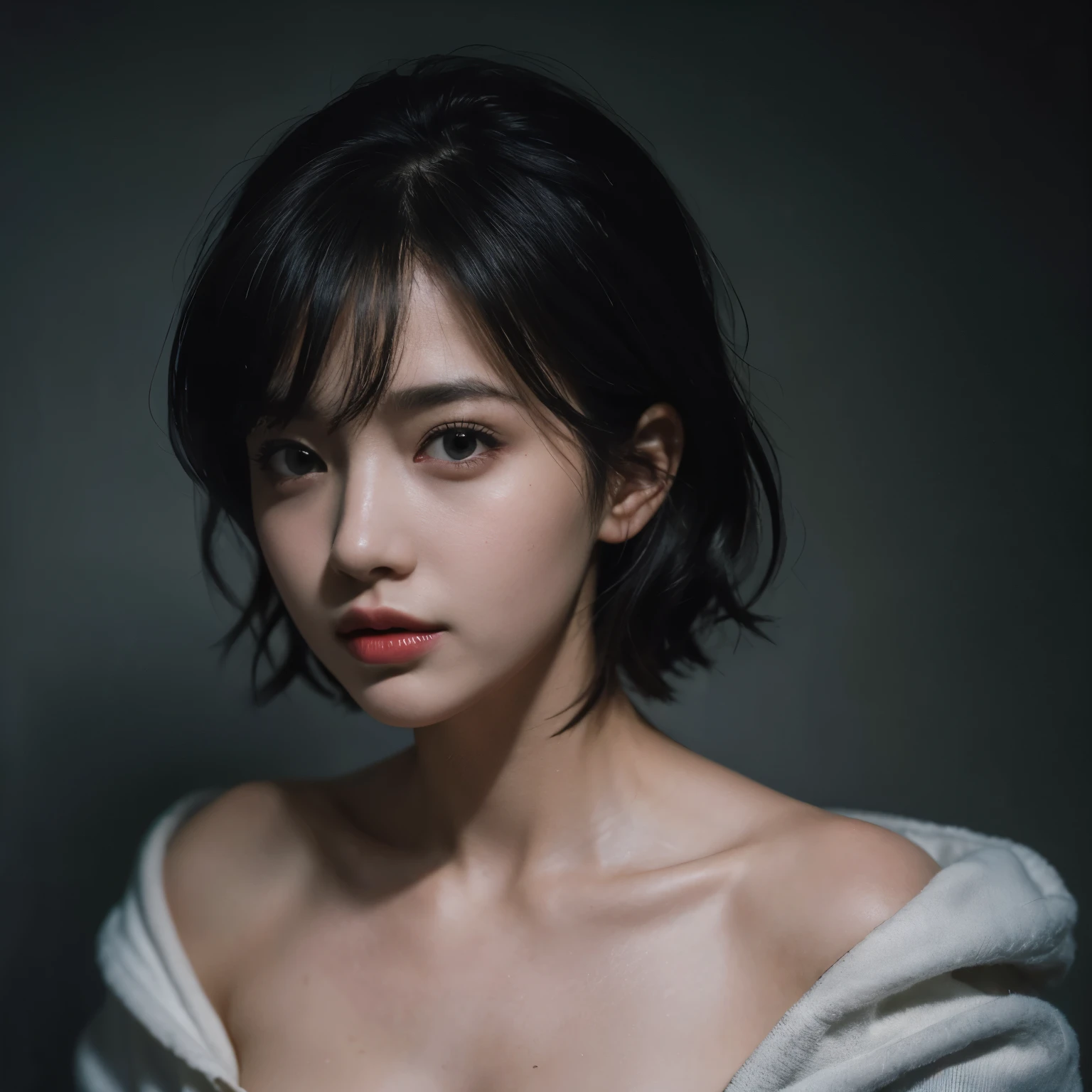 Best quality, masterpiece, ultra high res, (photorealistic:1.5), raw photo, 1girl, offshoulder, in the dark, deep shadow, low key, cold light, sexy look, short hair